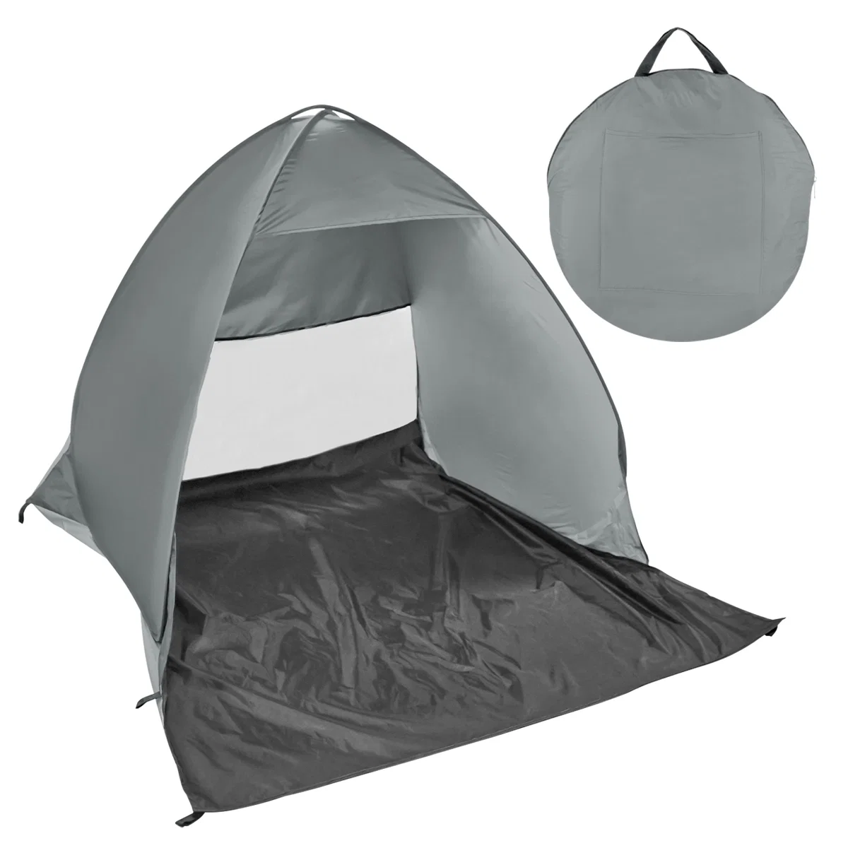Folded into its round carrying case for transport