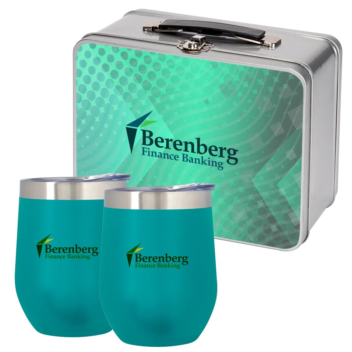 Stemless glass shown upright beside the packaging
