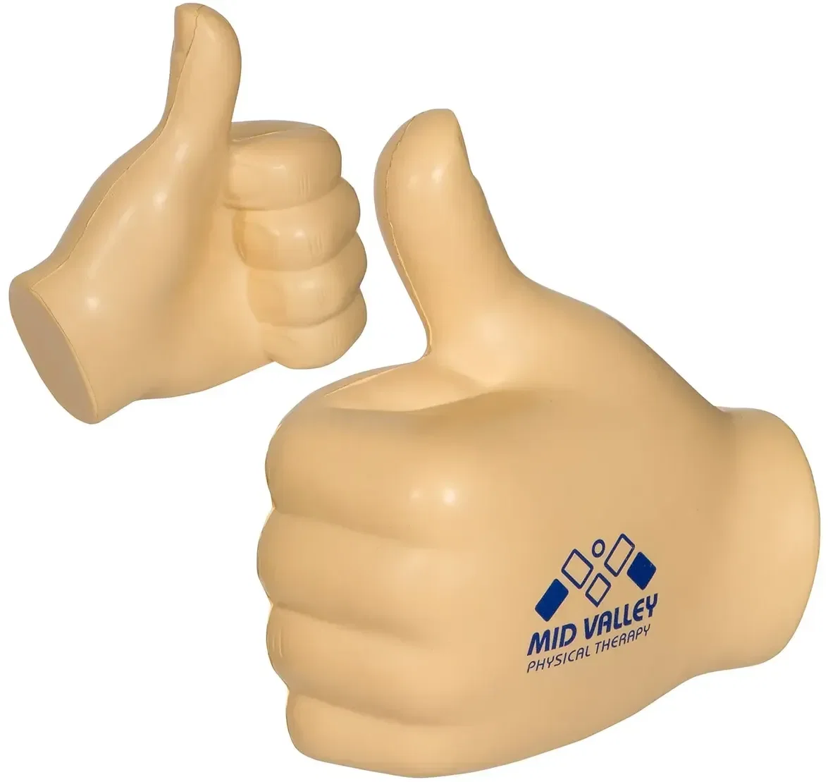 Custom Thumbs Up Hand Stress Reliever, molded foam thumbs-up shape with promotional logo imprint