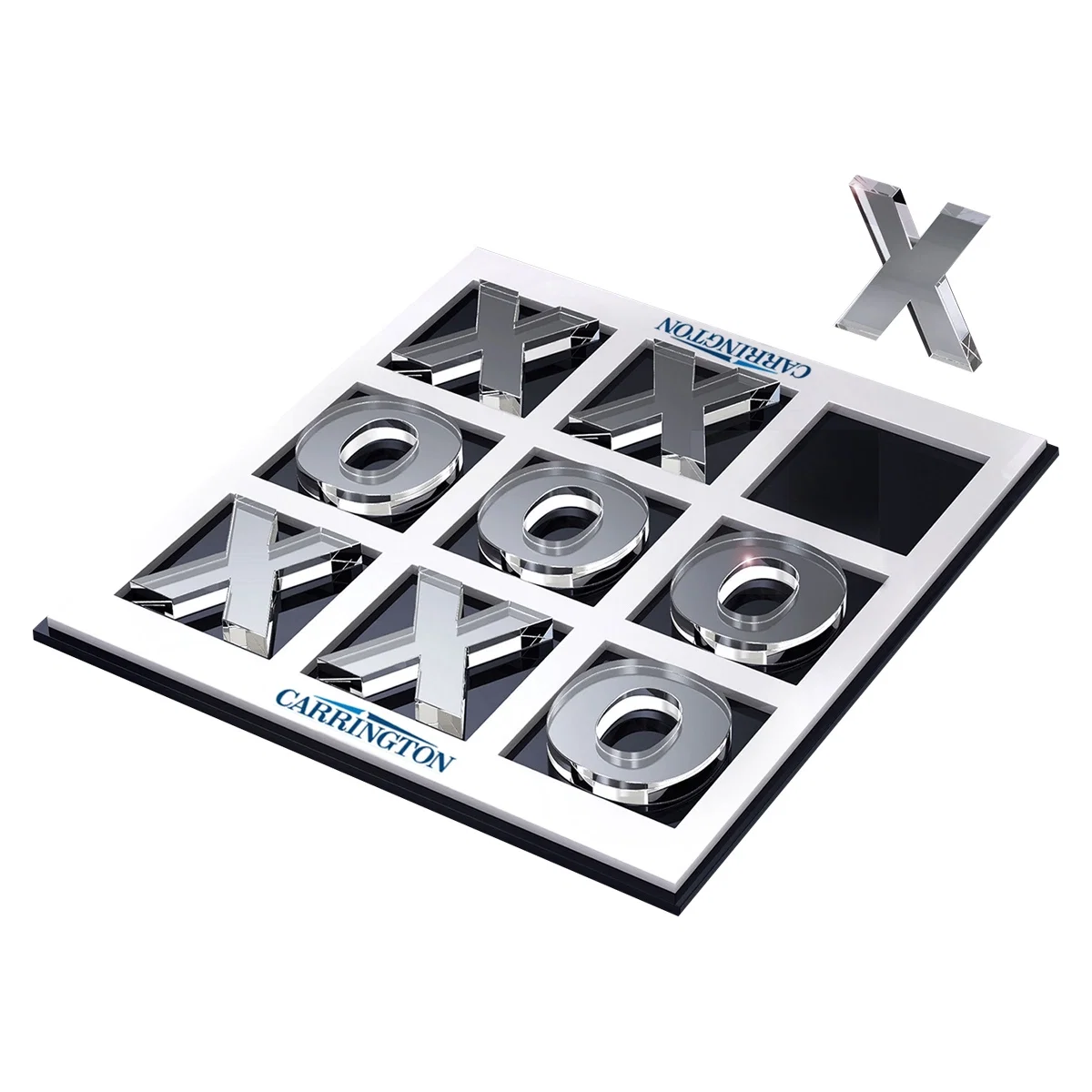 Clear acrylic tic-tac-toe game board with playing pieces in place