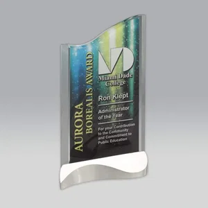 Acrylic Award with Sloped Top on Curved Satin Pewter Base