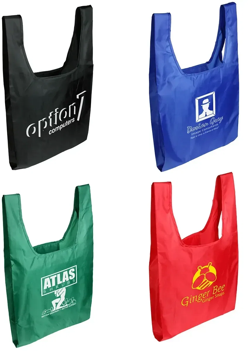Custom Tide Twister T-handle folding tote bag, branded reusable shopper front view