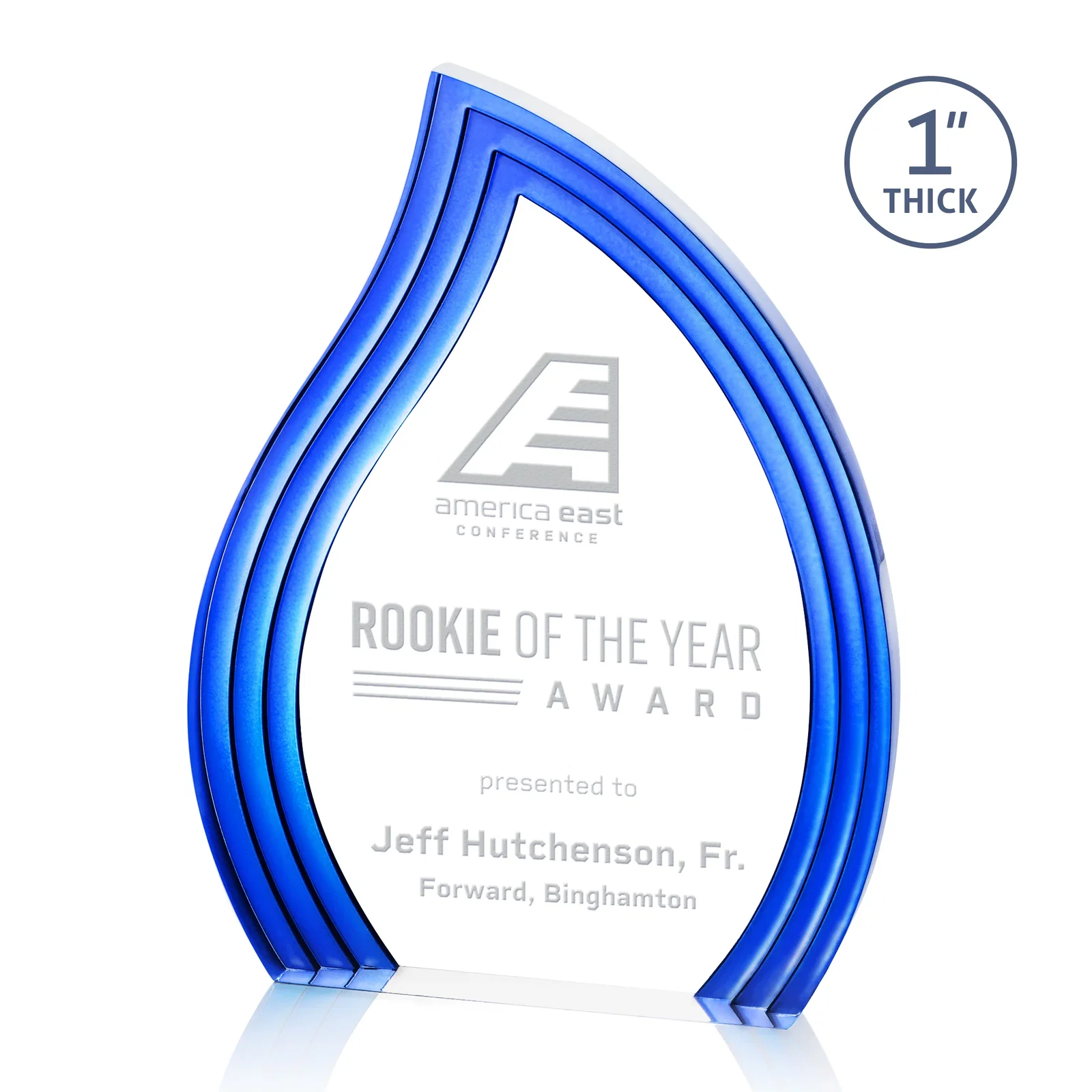 Personalized Clear Acrylic Flame Award with Gold Accent Frame for corporate award ceremonies