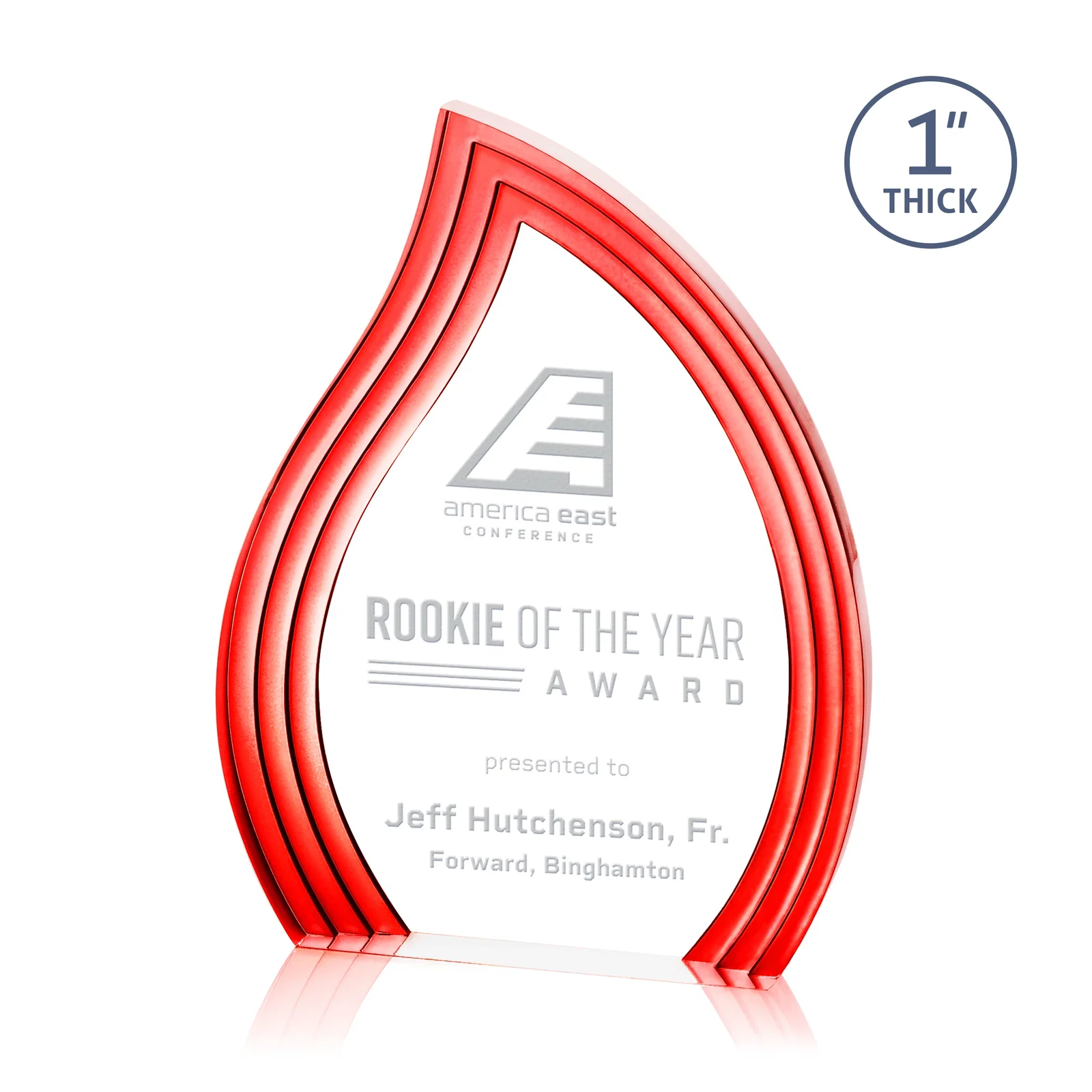 Personalized Clear Acrylic Flame Award with Gold Accent Frame for team milestone celebrations