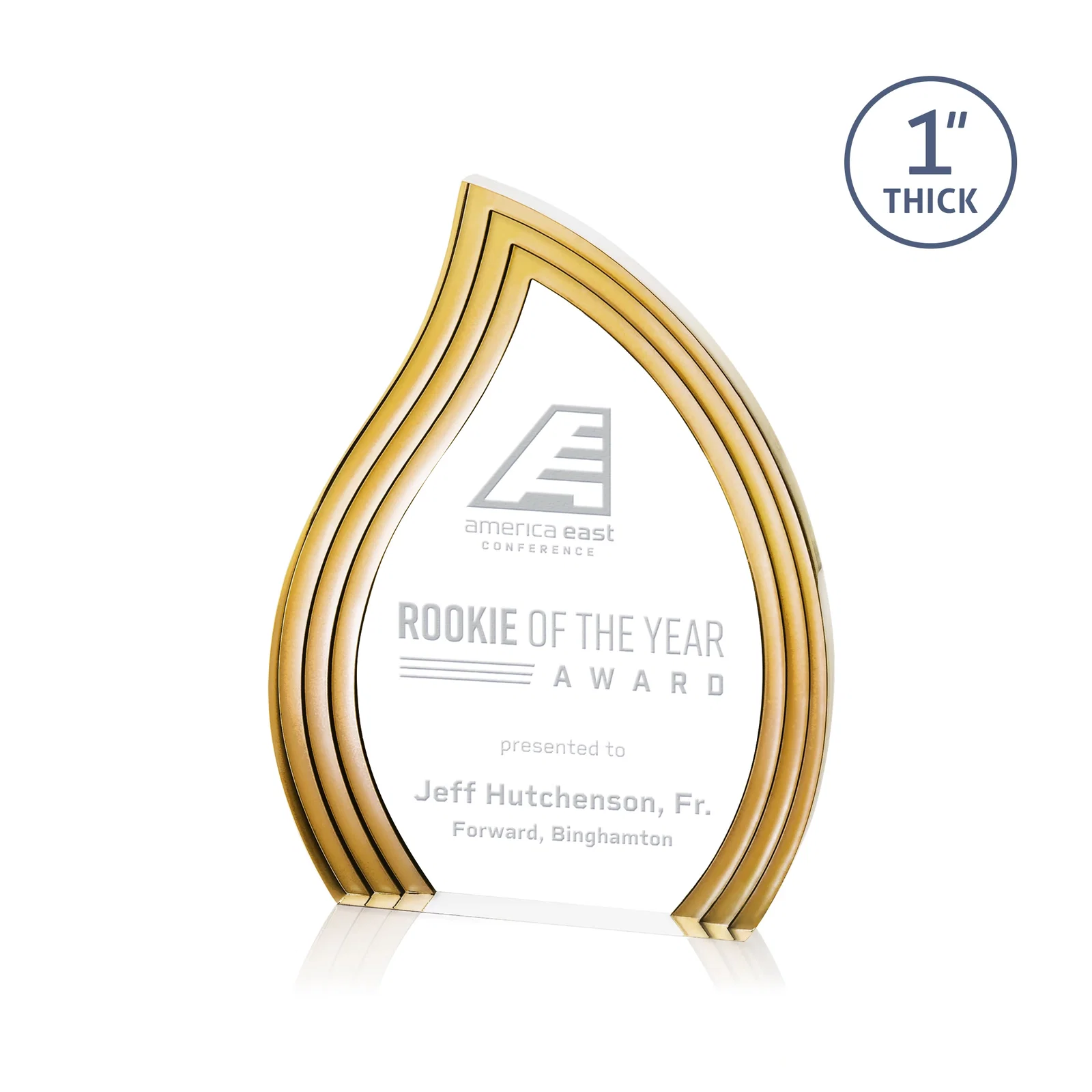 Custom Clear Acrylic Flame Award with Gold Accent Frame for corporate award ceremonies