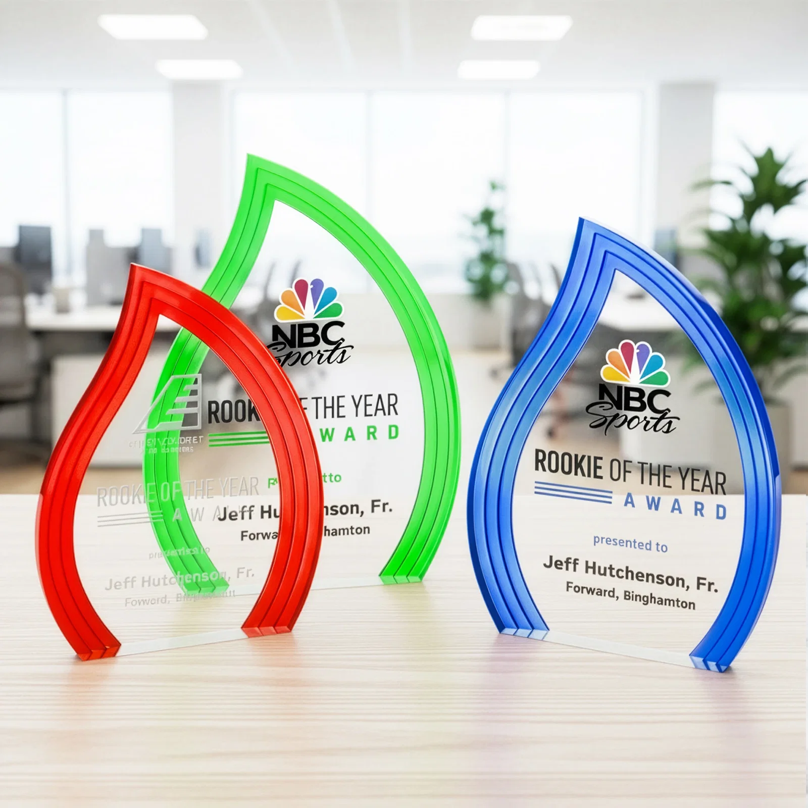 Personalized Clear Acrylic Flame Award with Gold Accent Frame for safety achievement programs