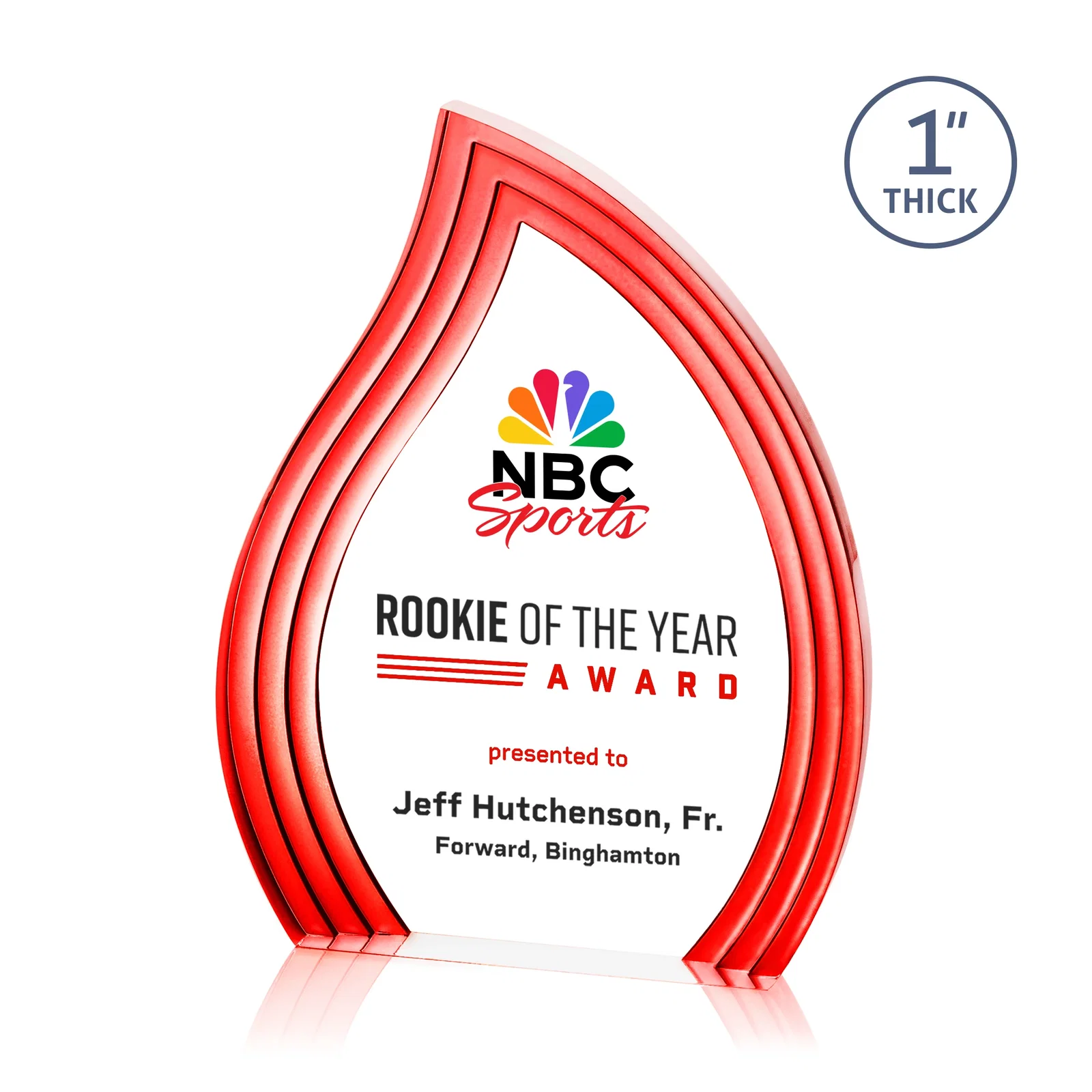 Personalized Clear Acrylic Flame Award with Gold Accent Frame for company anniversary events