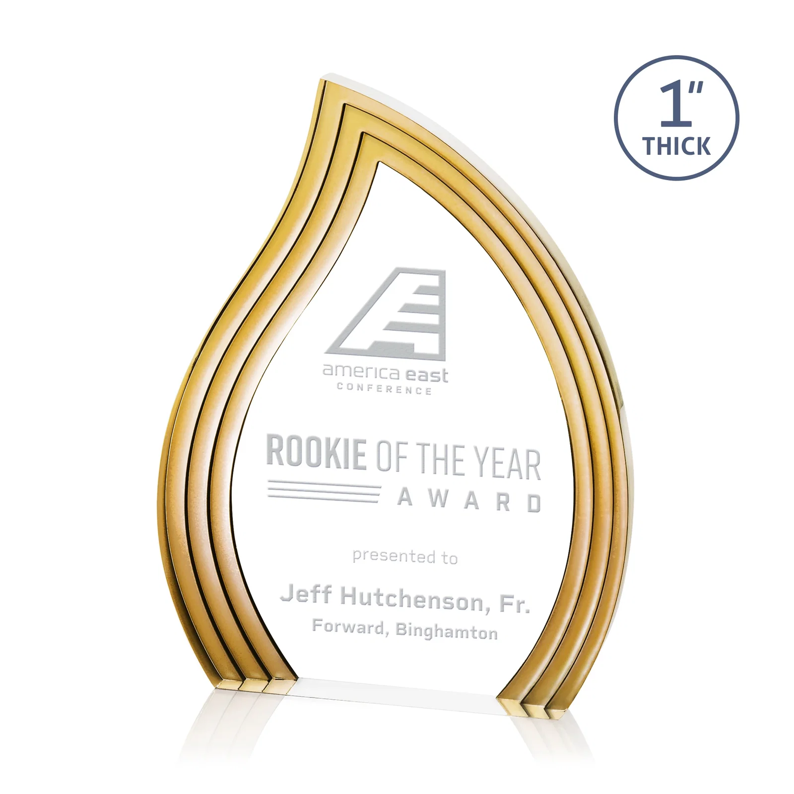 Custom Clear Acrylic Flame Award with Gold Accent Frame for service anniversary gifts