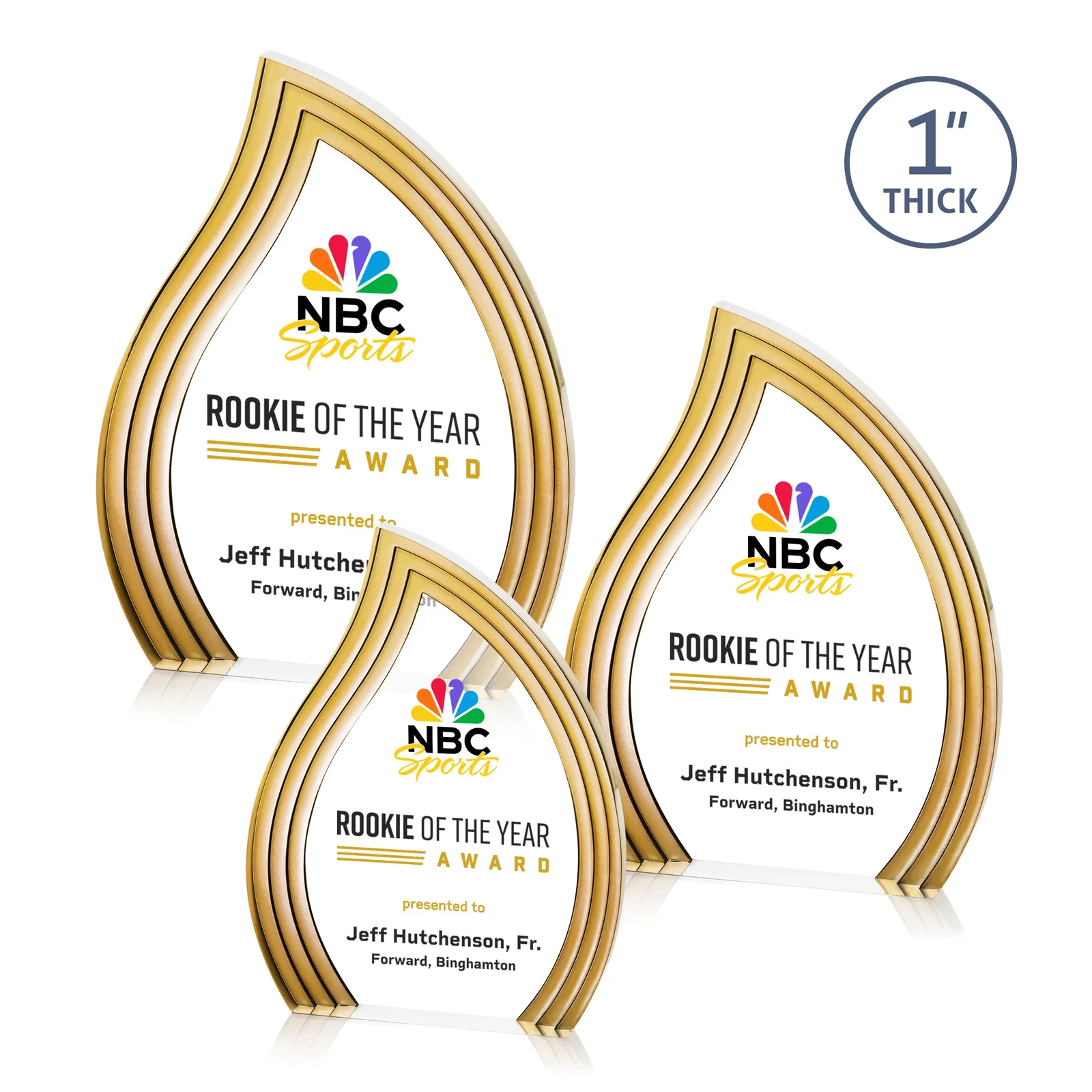 Promotional Clear Acrylic Flame Award with Gold Accent Frame for volunteer appreciation