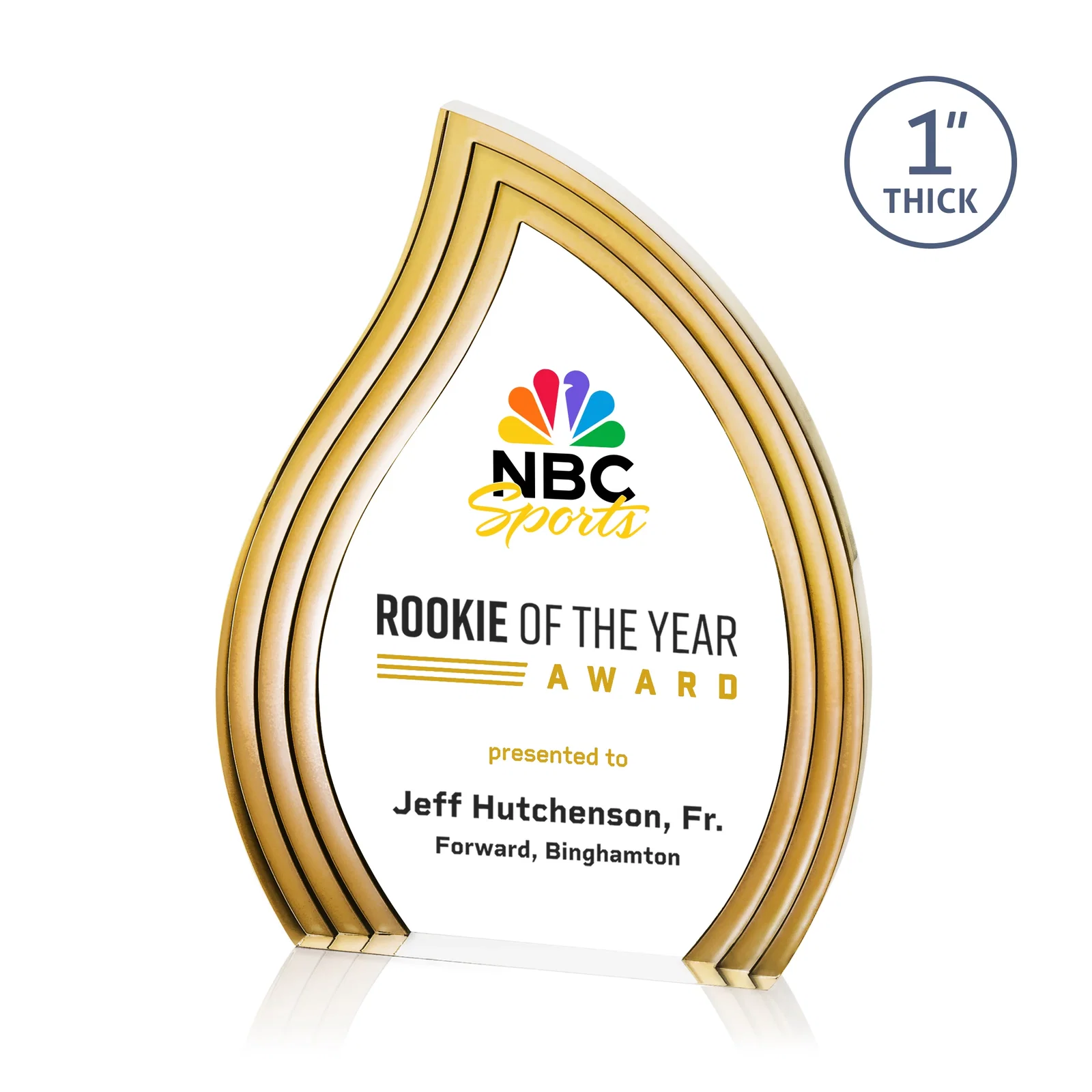 Promotional Clear Acrylic Flame Award with Gold Accent Frame for company anniversary events