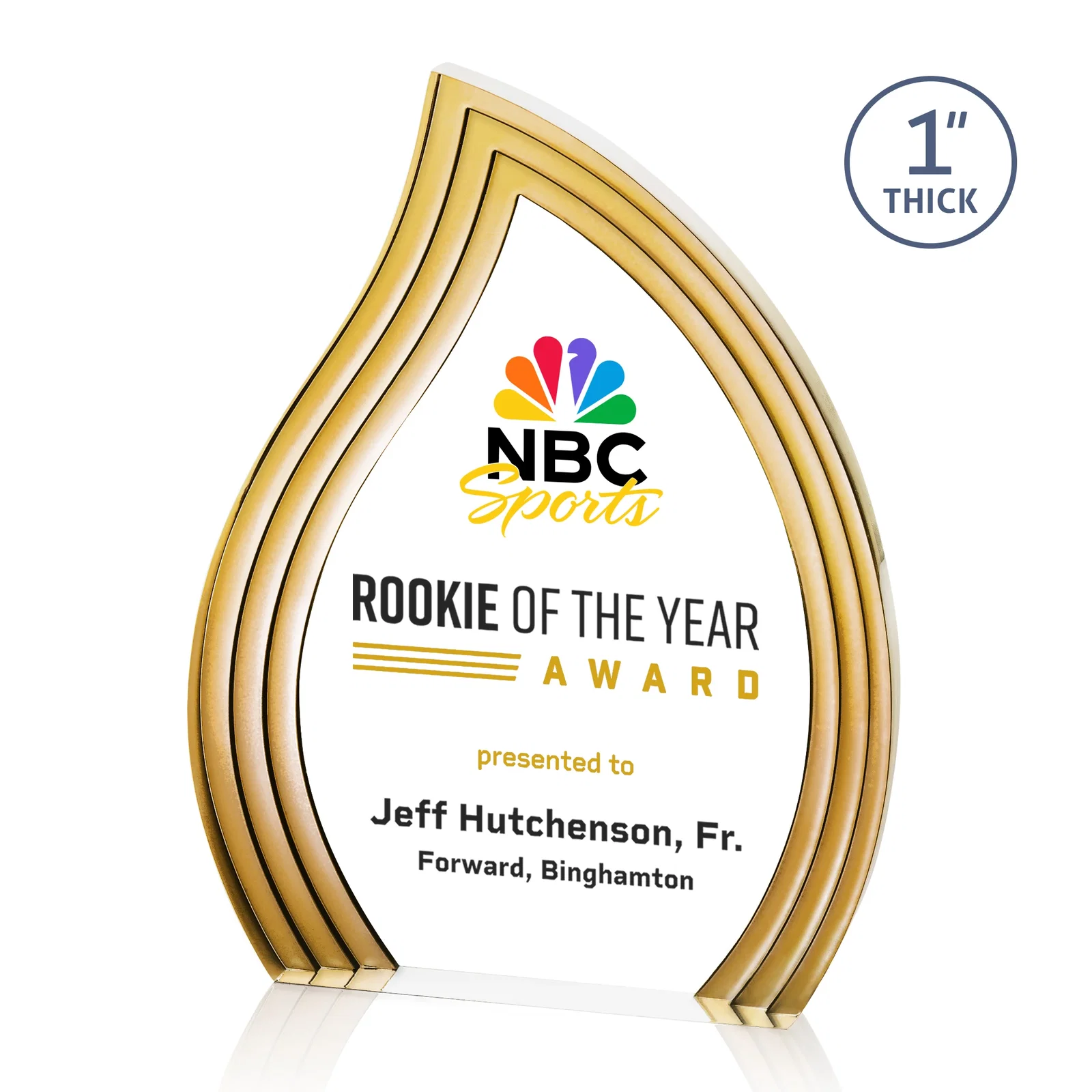 Branded Clear Acrylic Flame Award with Gold Accent Frame for employee recognition