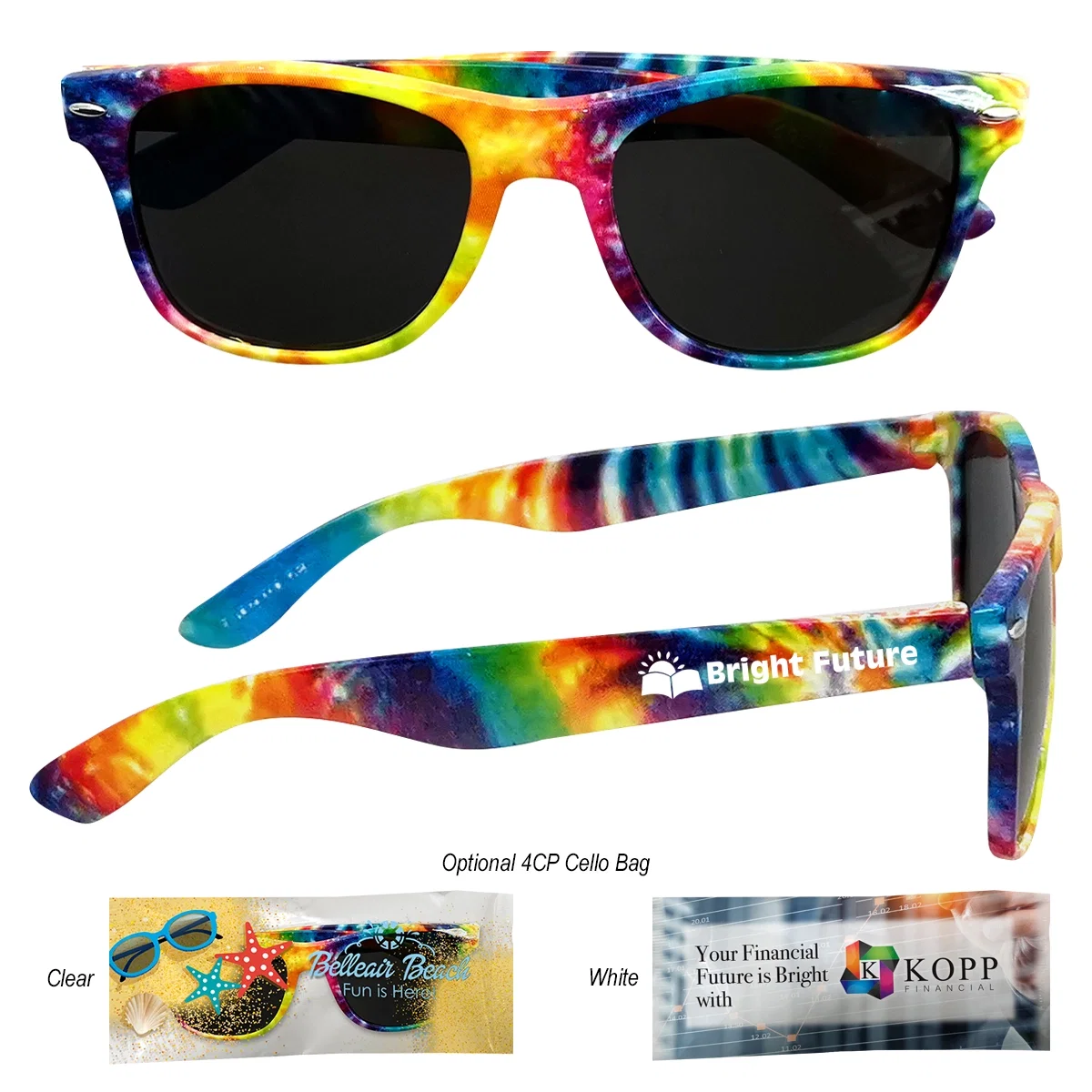 Tie dye sunglasses in rainbow colors, arms open