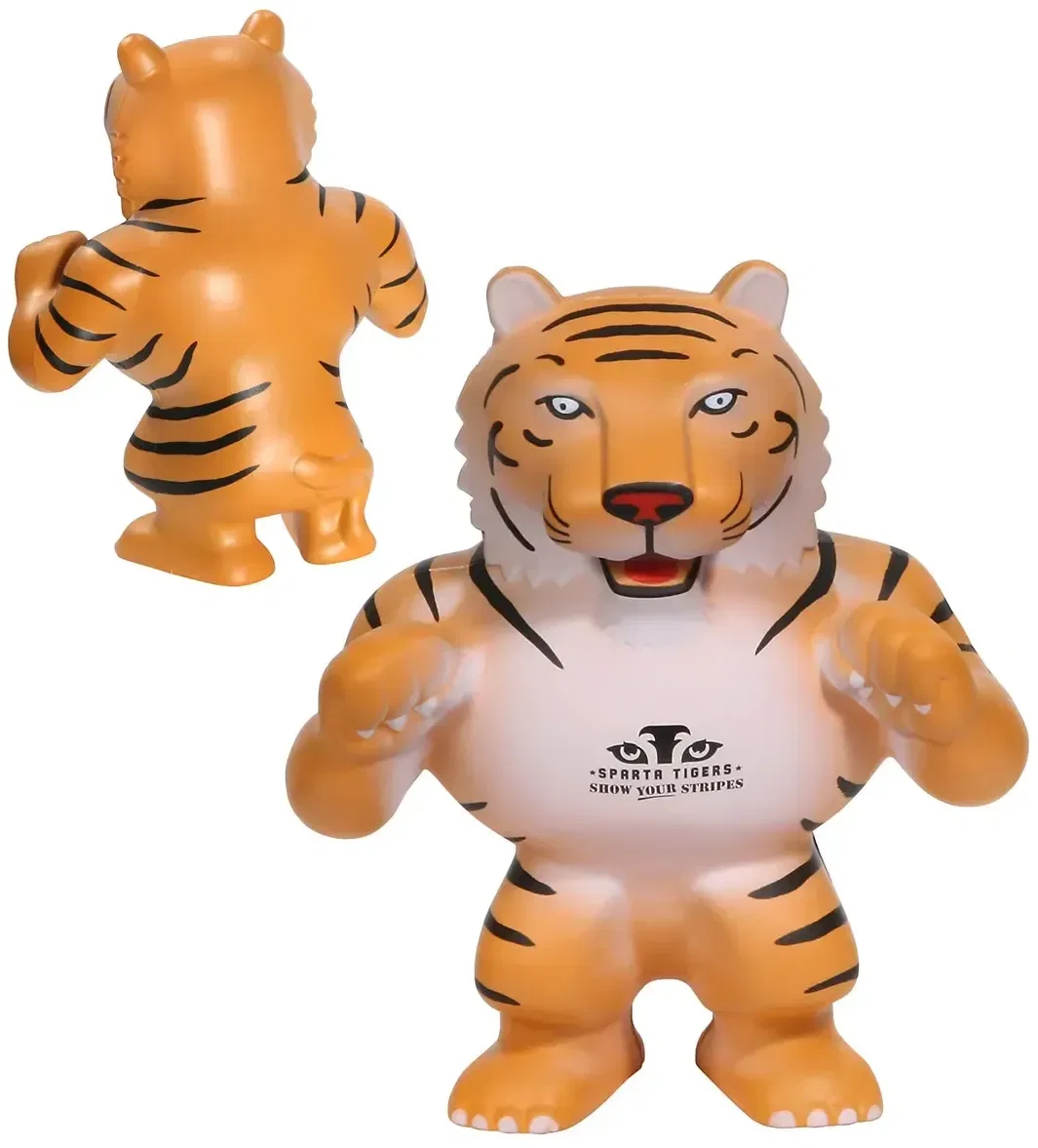 Tiger mascot custom stress reliever, prowling tiger squeeze toy for branded school spirit, front view