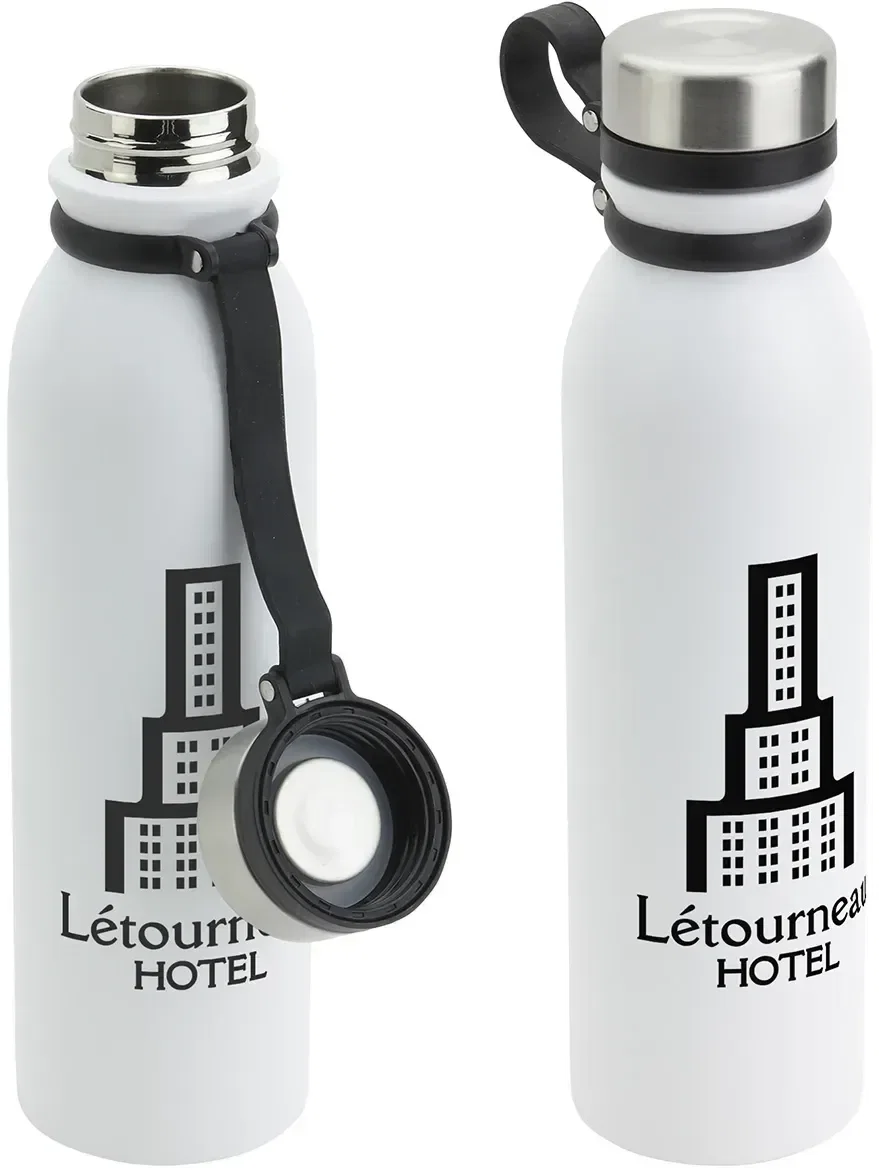 Side profile of the branded Tijuana powder-coated stainless steel promotional water bottle