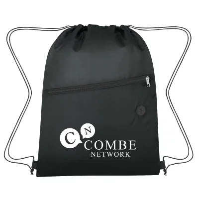 Black drawstring sports pack shown from the front with cords cinched