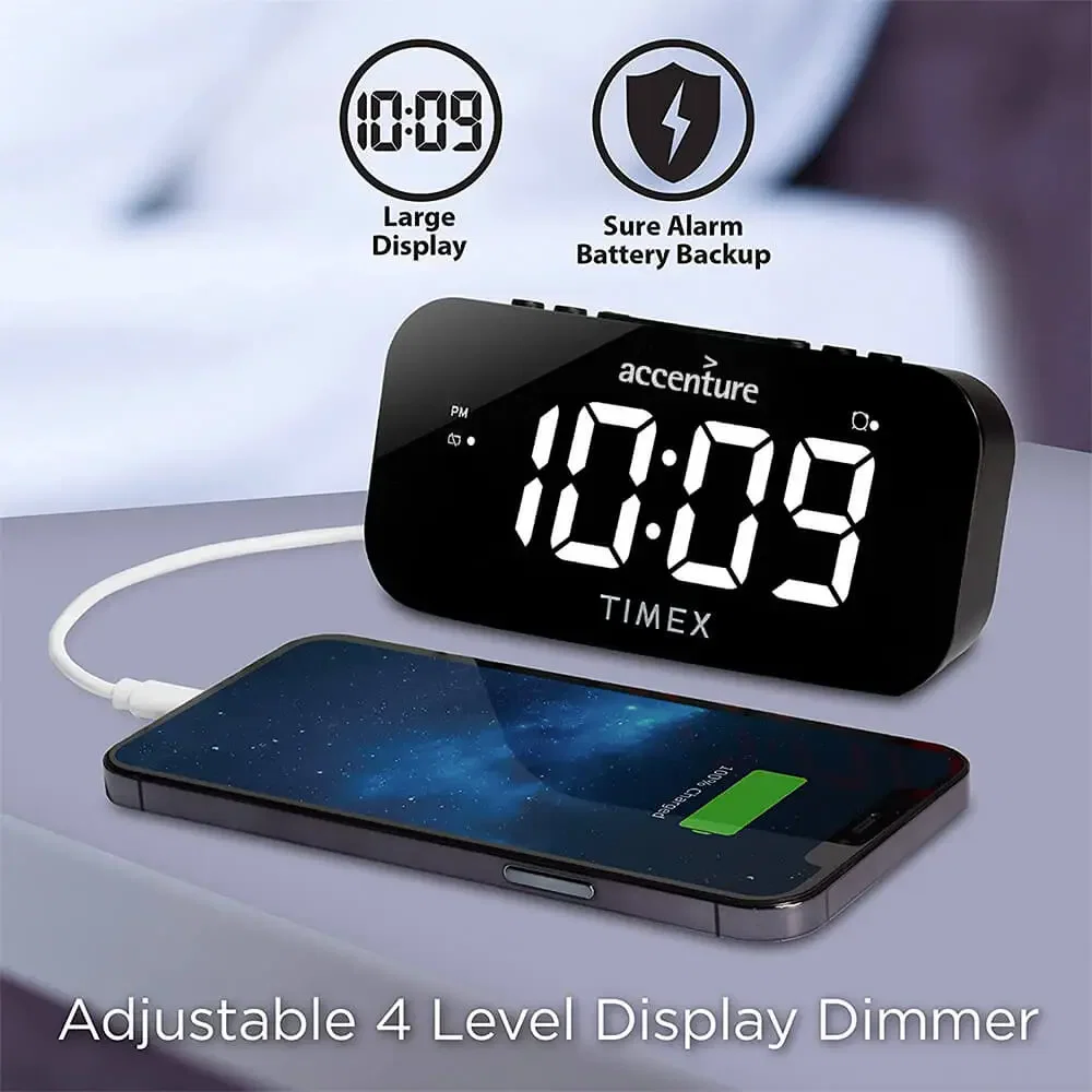 Timex Dual Alarm Clock With Jumbo Display and Usb Charging - Black — view 3