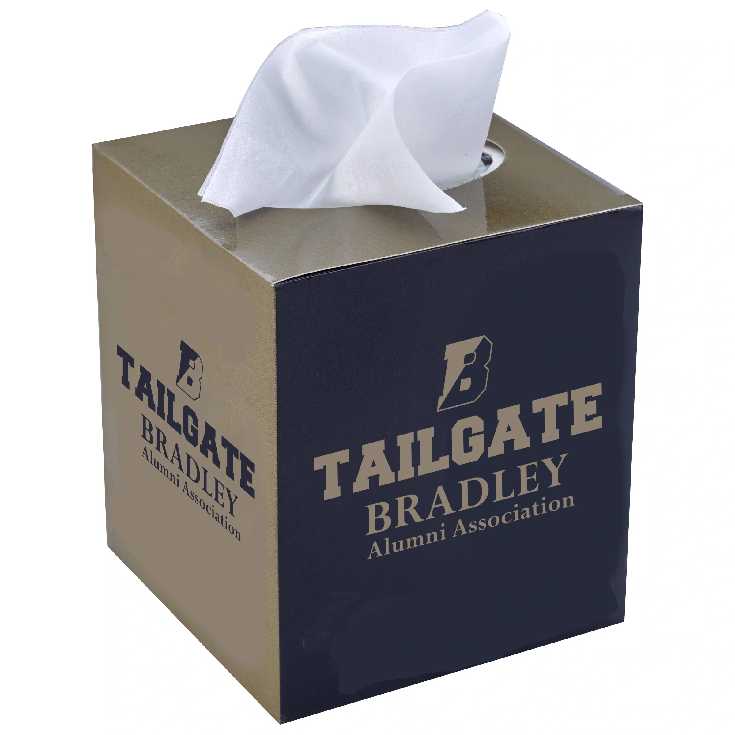 Small white tissue box with a printed sleeve wrapped around it