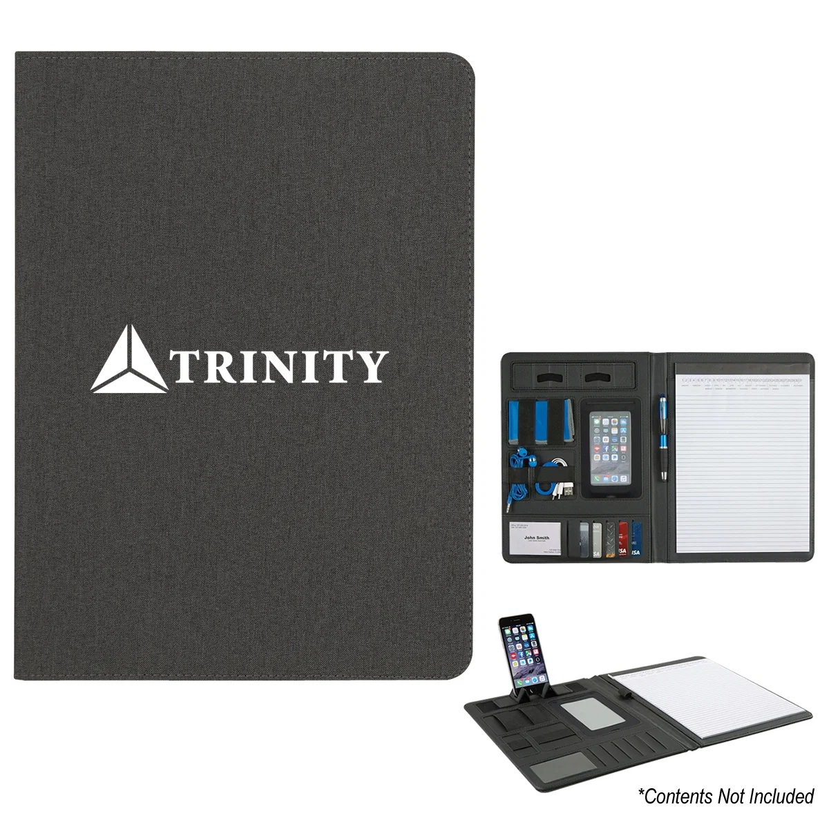 Zippered tech padfolio shown closed from the front