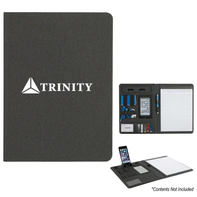 Opened to reveal the writing pad and interior pockets