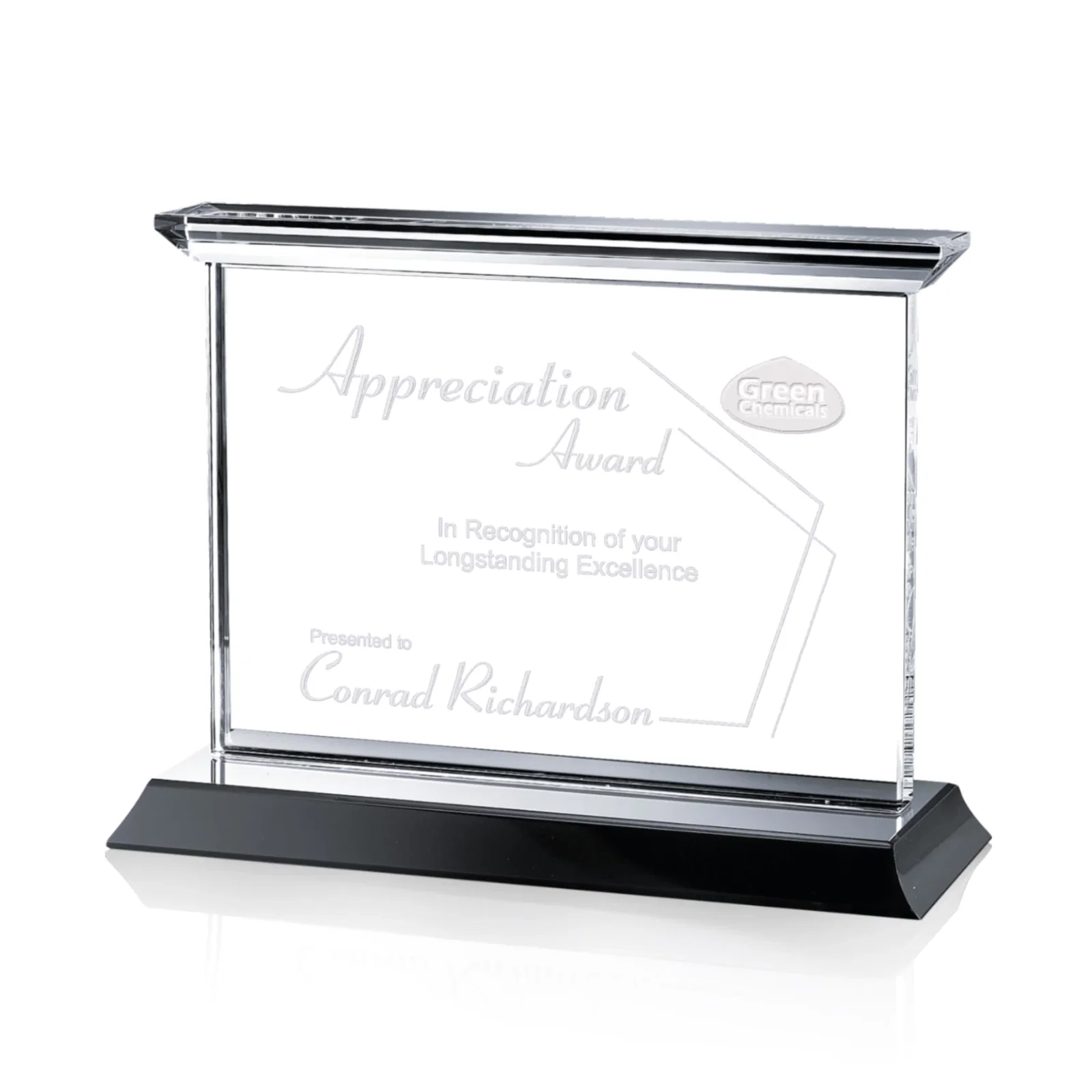 Custom Optical Crystal Horizontal Award on Black or Blue Base, awards for volunteer appreciation