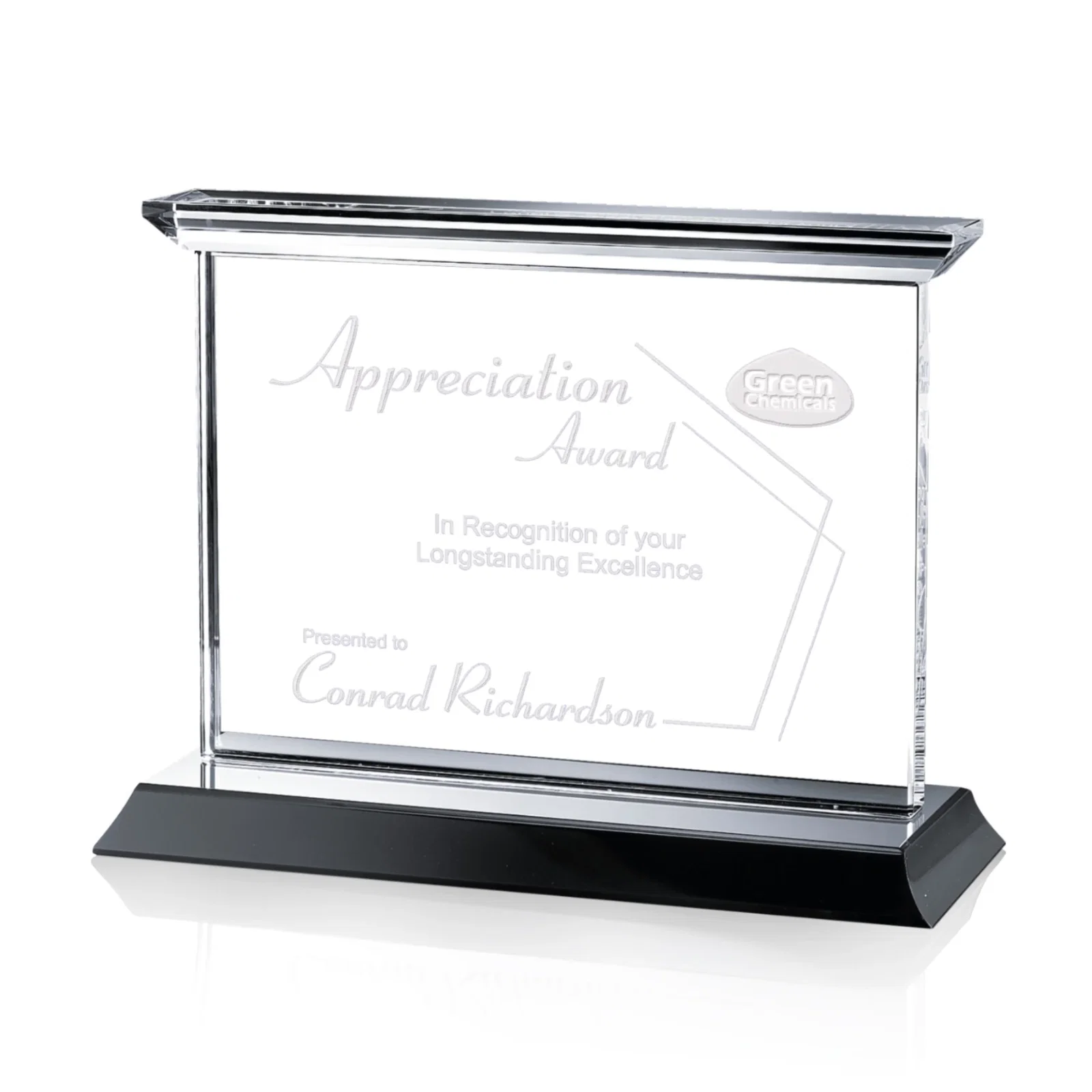 Custom Optical Crystal Horizontal Award on Black or Blue Base, awards for dealer and partner awards