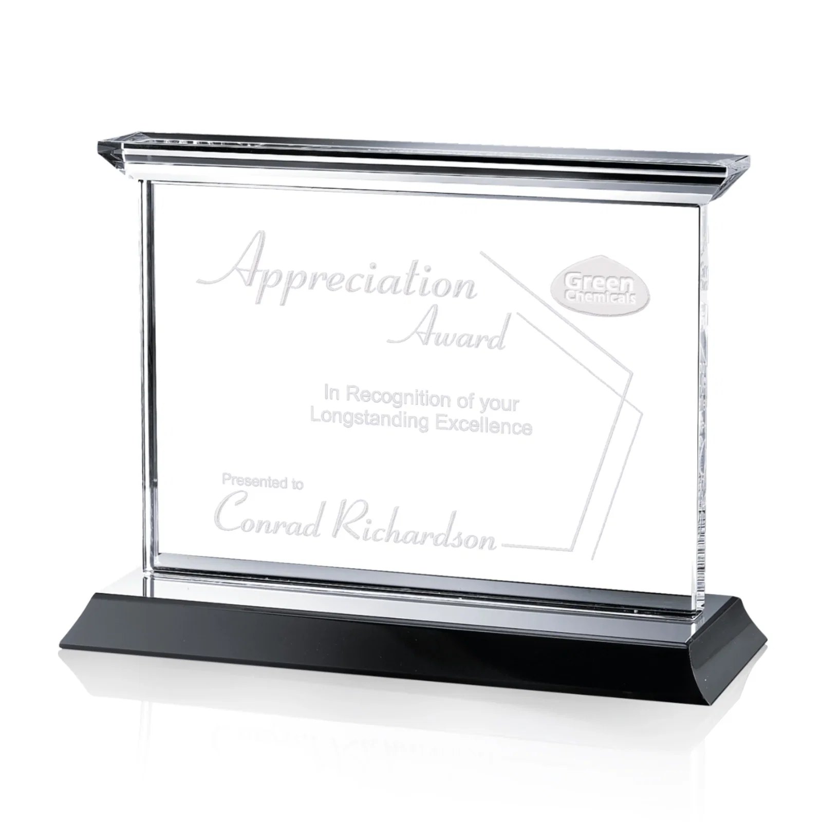 Custom Optical Crystal Horizontal Award on Black or Blue Base, awards for company anniversary events