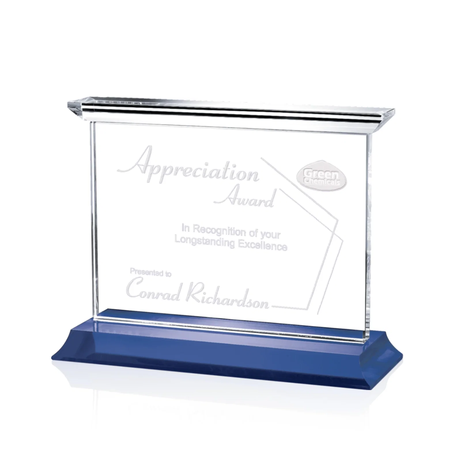 Custom Optical Crystal Horizontal Award on Black or Blue Base, awards for corporate award ceremonies