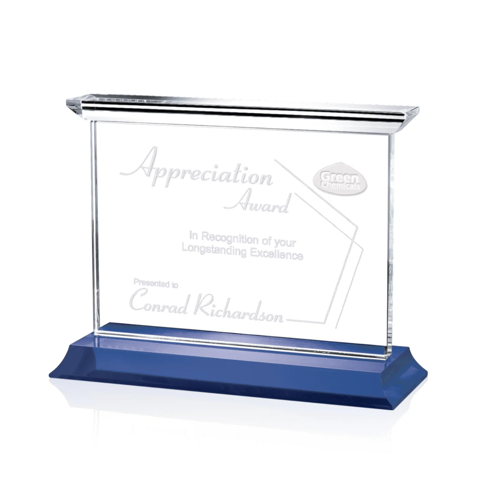 Custom Optical Crystal Horizontal Award on Black or Blue Base, awards for service anniversary gifts