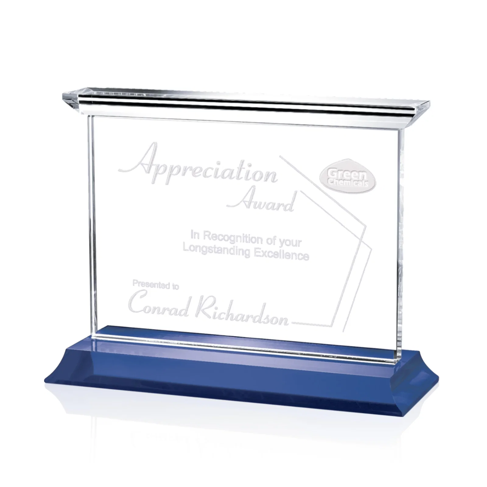 Custom Optical Crystal Horizontal Award on Black or Blue Base, awards for sales achievement awards