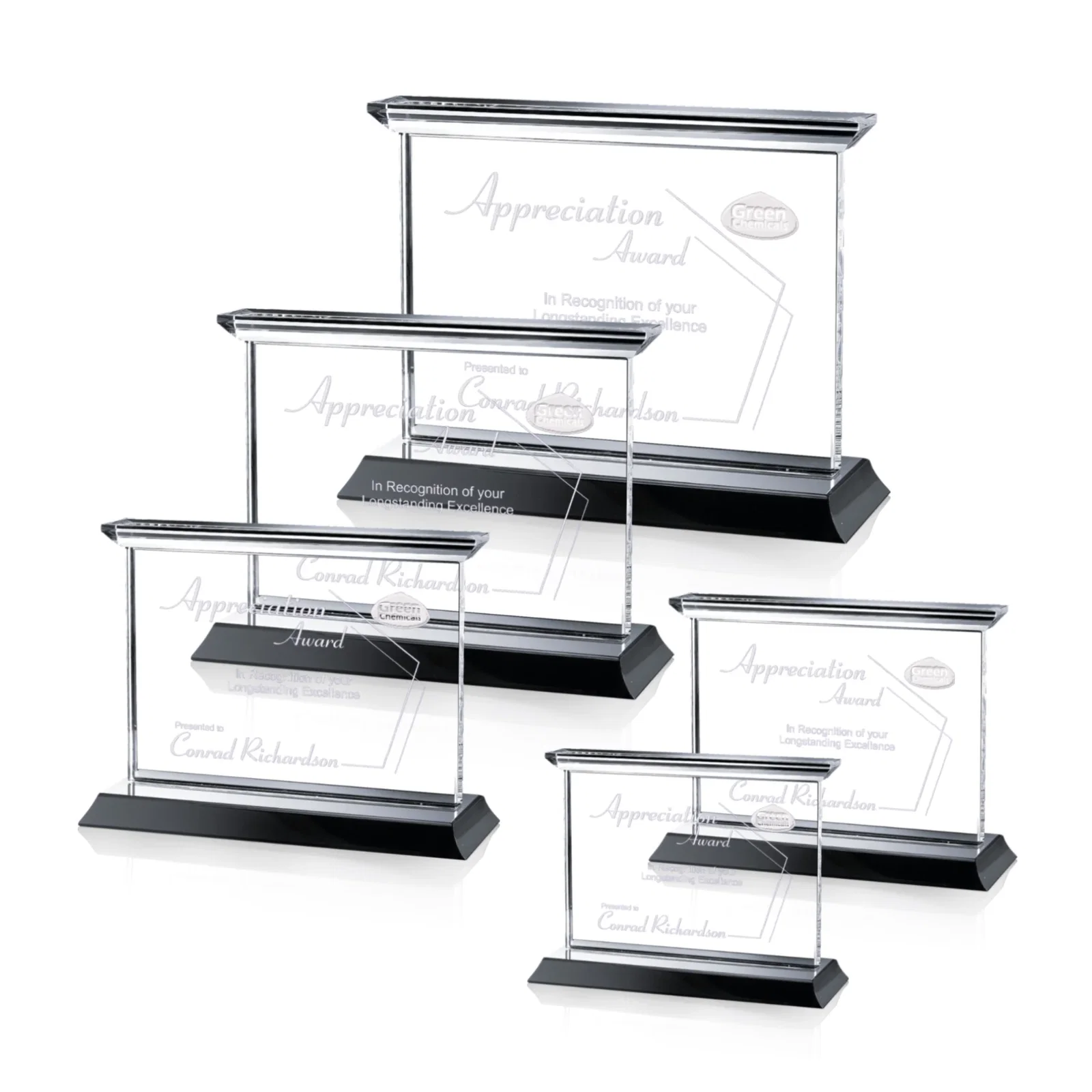 Custom Optical Crystal Horizontal Award on Black or Blue Base, awards for donor appreciation