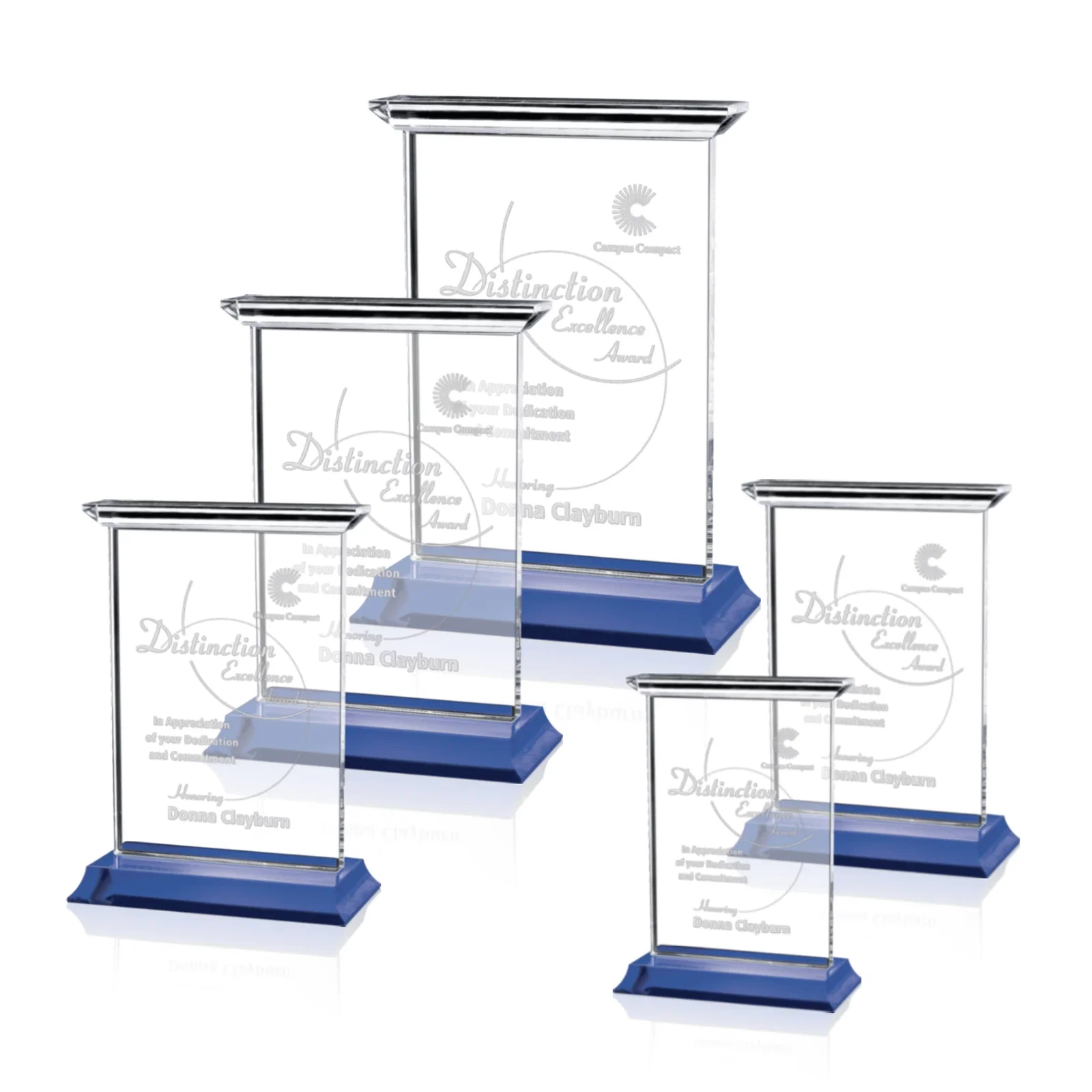 Custom Optical Crystal Vertical Award on Black or Blue Base, awards for employee recognition