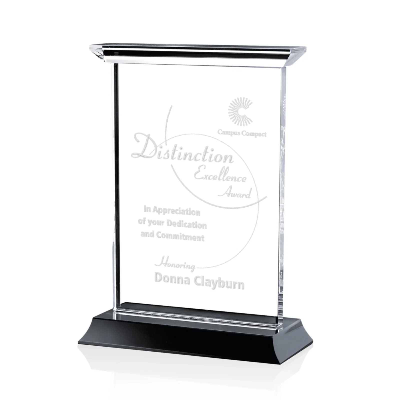 Custom Optical Crystal Vertical Award on Black or Blue Base, awards for volunteer appreciation