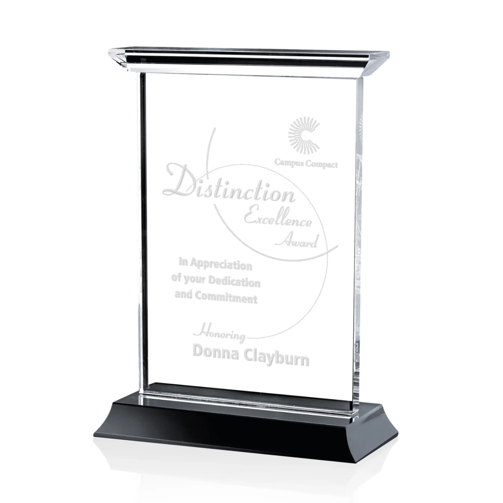 Custom Optical Crystal Vertical Award on Black or Blue Base, awards for dealer and partner awards