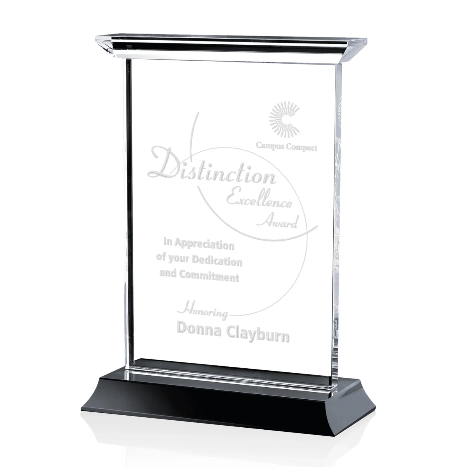 Custom Optical Crystal Vertical Award on Black or Blue Base, awards for company anniversary events