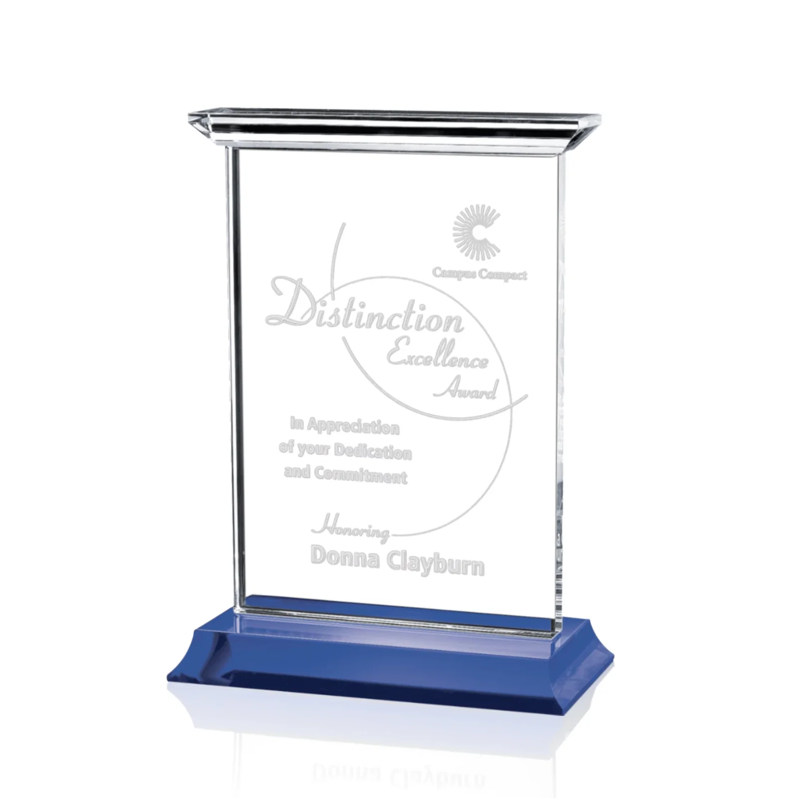 Custom Optical Crystal Vertical Award on Black or Blue Base, awards for corporate award ceremonies