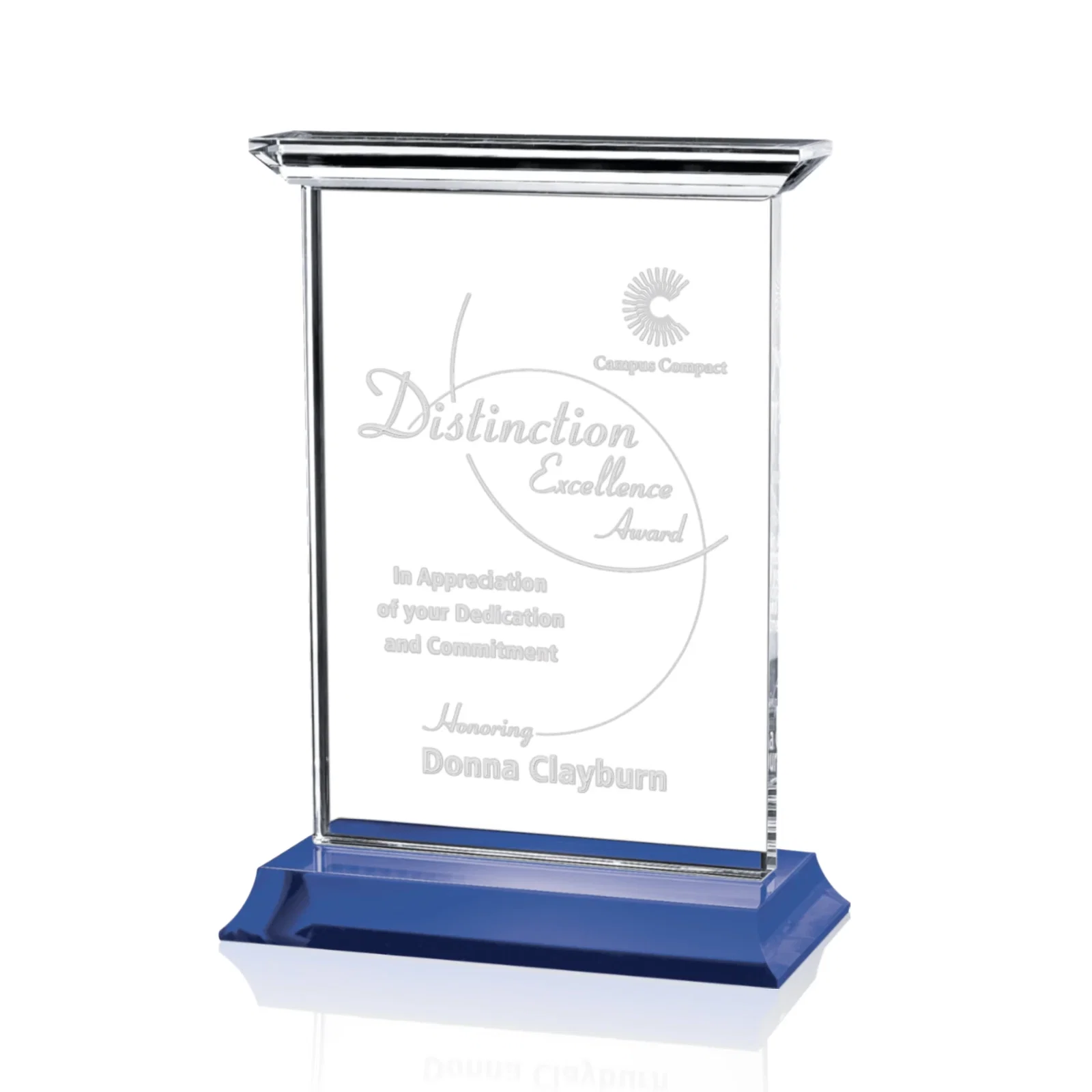 Custom Optical Crystal Vertical Award on Black or Blue Base, awards for service anniversary gifts