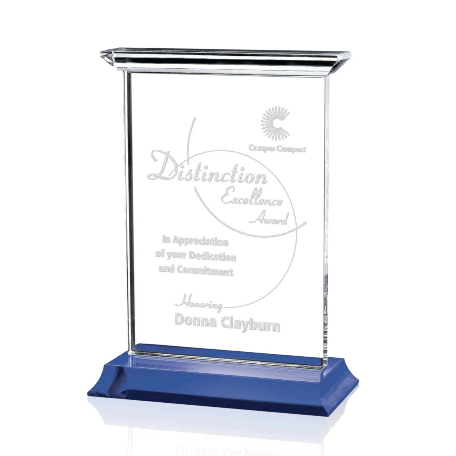 Custom Optical Crystal Vertical Award on Black or Blue Base, awards for sales achievement awards