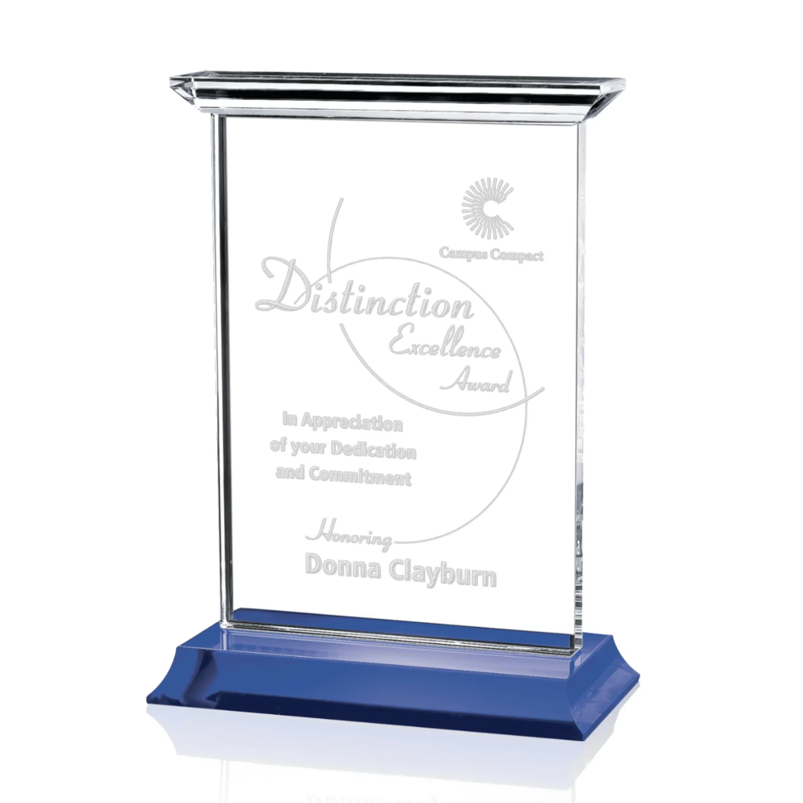 Custom Optical Crystal Vertical Award on Black or Blue Base, awards for retirement presentations