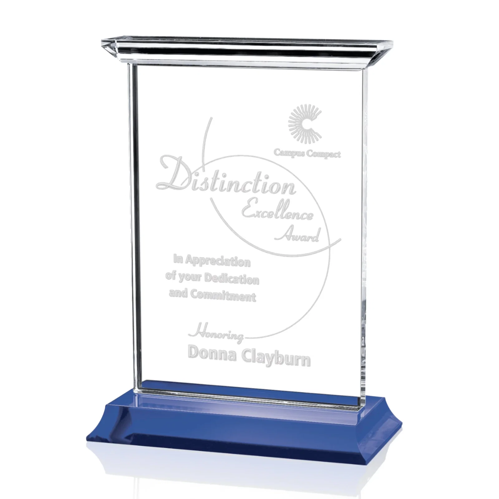 Custom Optical Crystal Vertical Award on Black or Blue Base, awards for team milestone celebrations