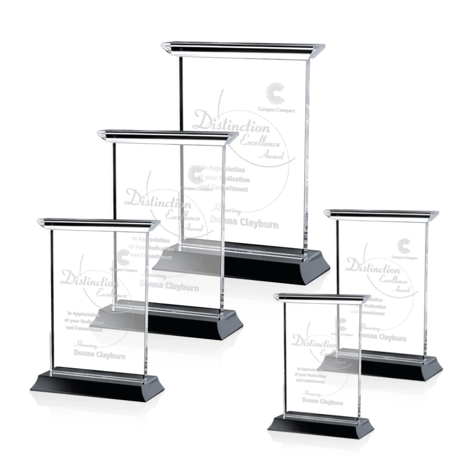 Custom Optical Crystal Vertical Award on Black or Blue Base, awards for donor appreciation