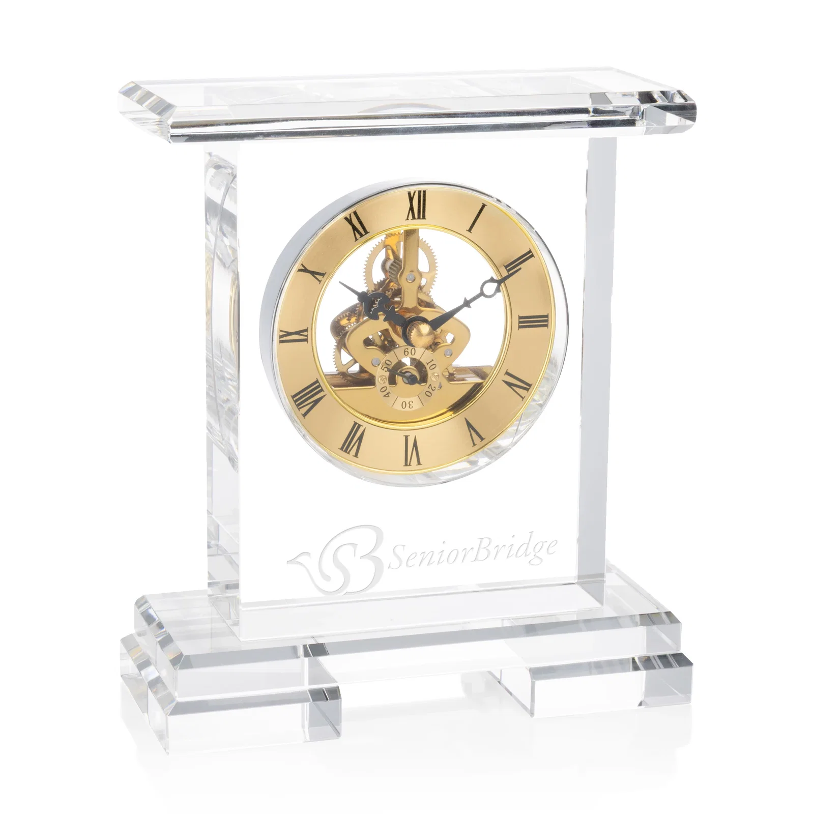 Custom Optical Crystal Pillar Clock With Skeleton on Polished Base for employee recognition