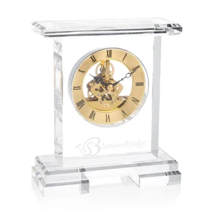 Optical Crystal Pillar Clock With Skeleton on Polished Base