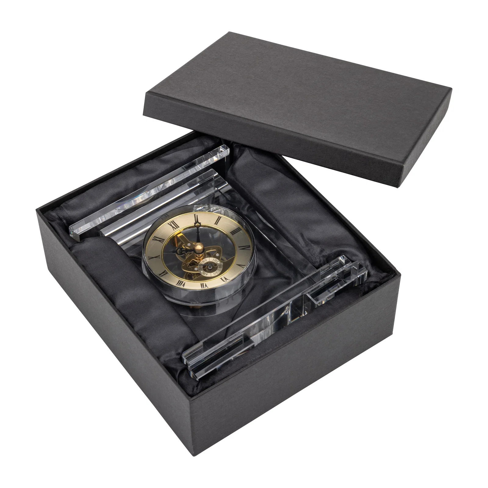 Custom Optical Crystal Pillar Clock With Skeleton on Polished Base for corporate award ceremonies