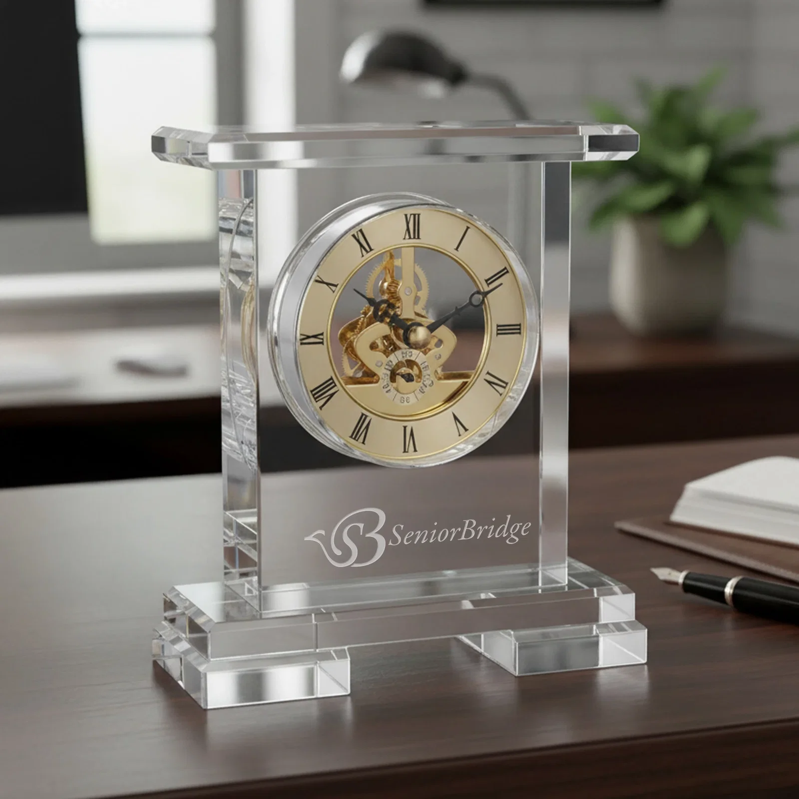 Custom Optical Crystal Pillar Clock With Skeleton on Polished Base for service anniversary gifts