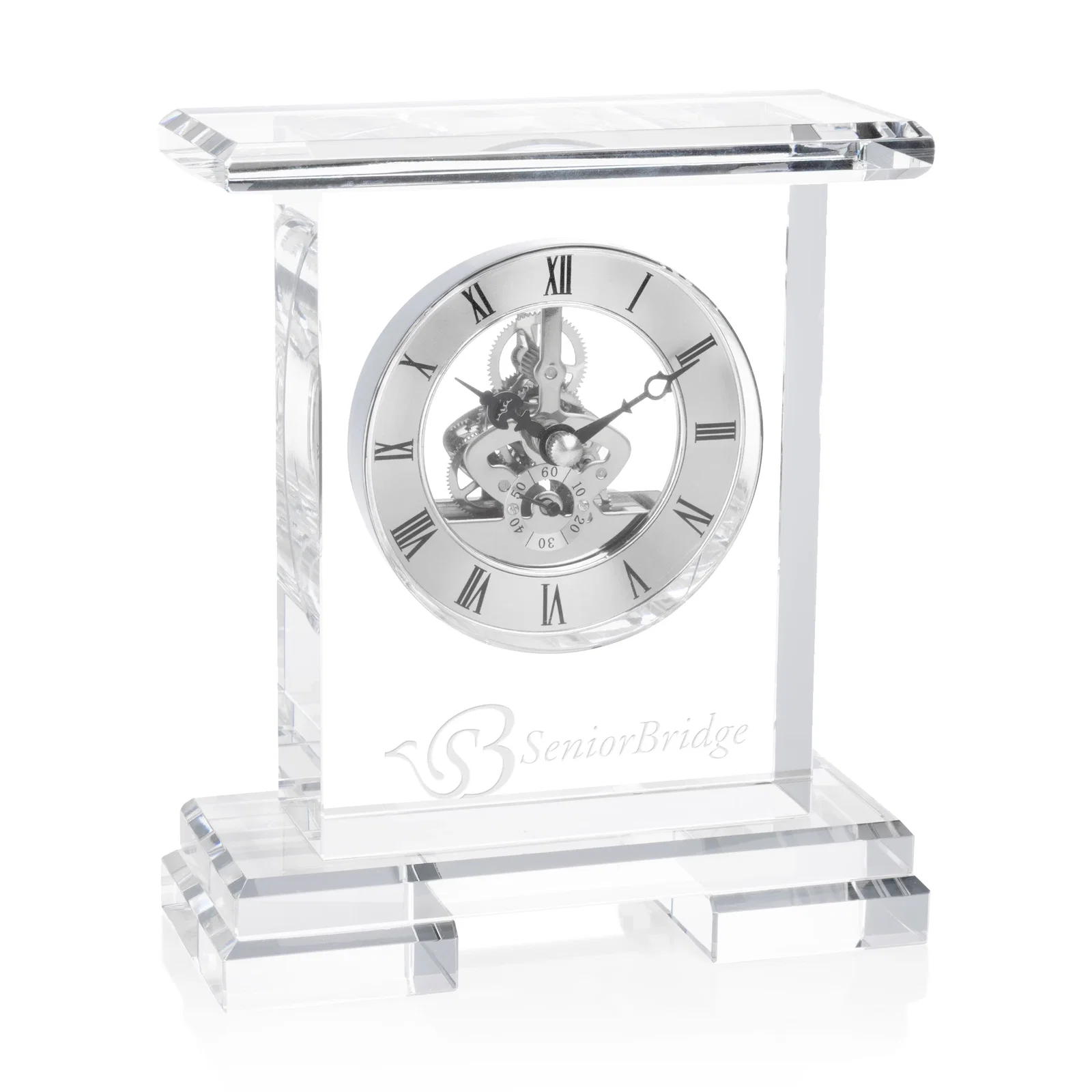 Custom Optical Crystal Pillar Clock With Skeleton on Polished Base for sales achievement awards