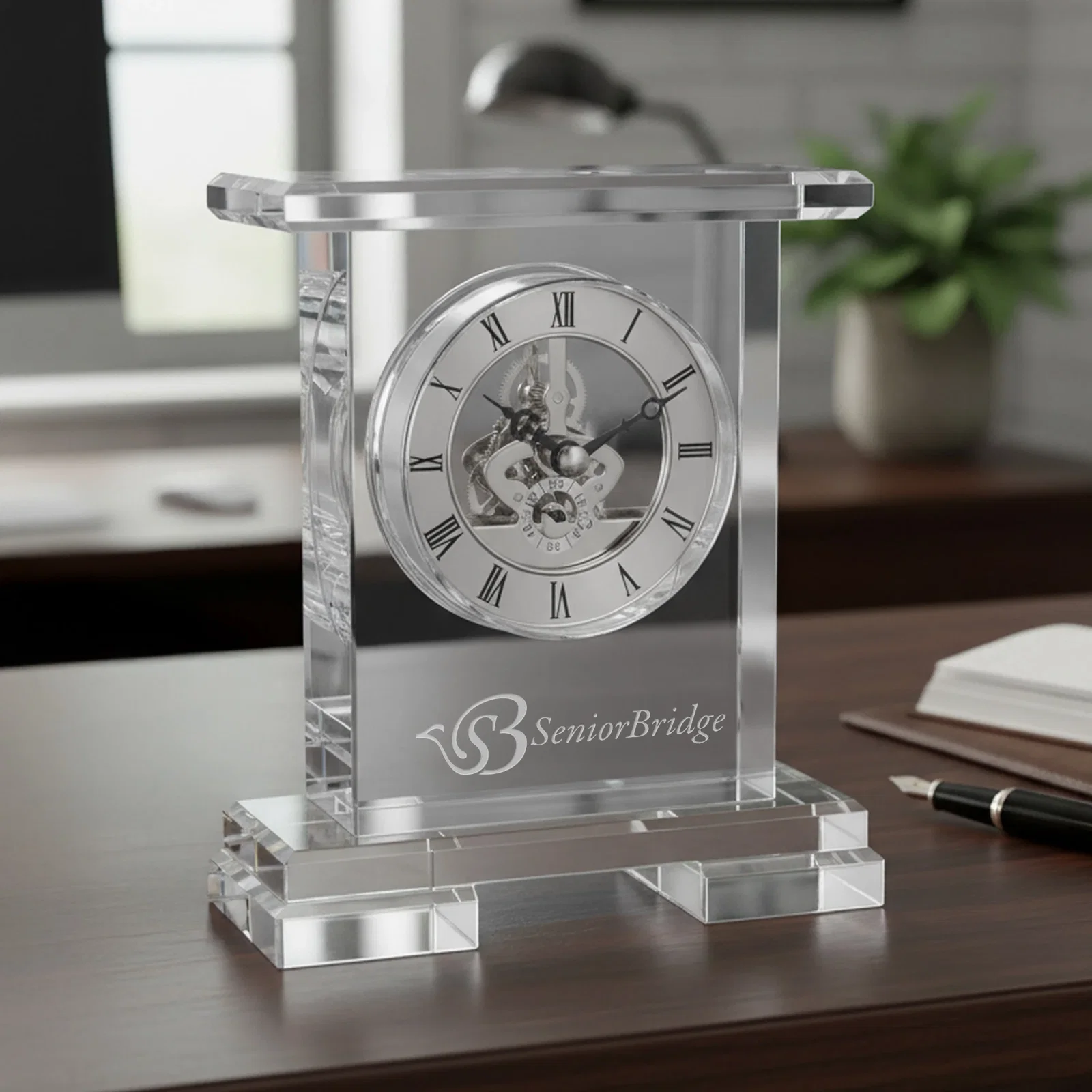 Custom Optical Crystal Pillar Clock With Skeleton on Polished Base for retirement presentations
