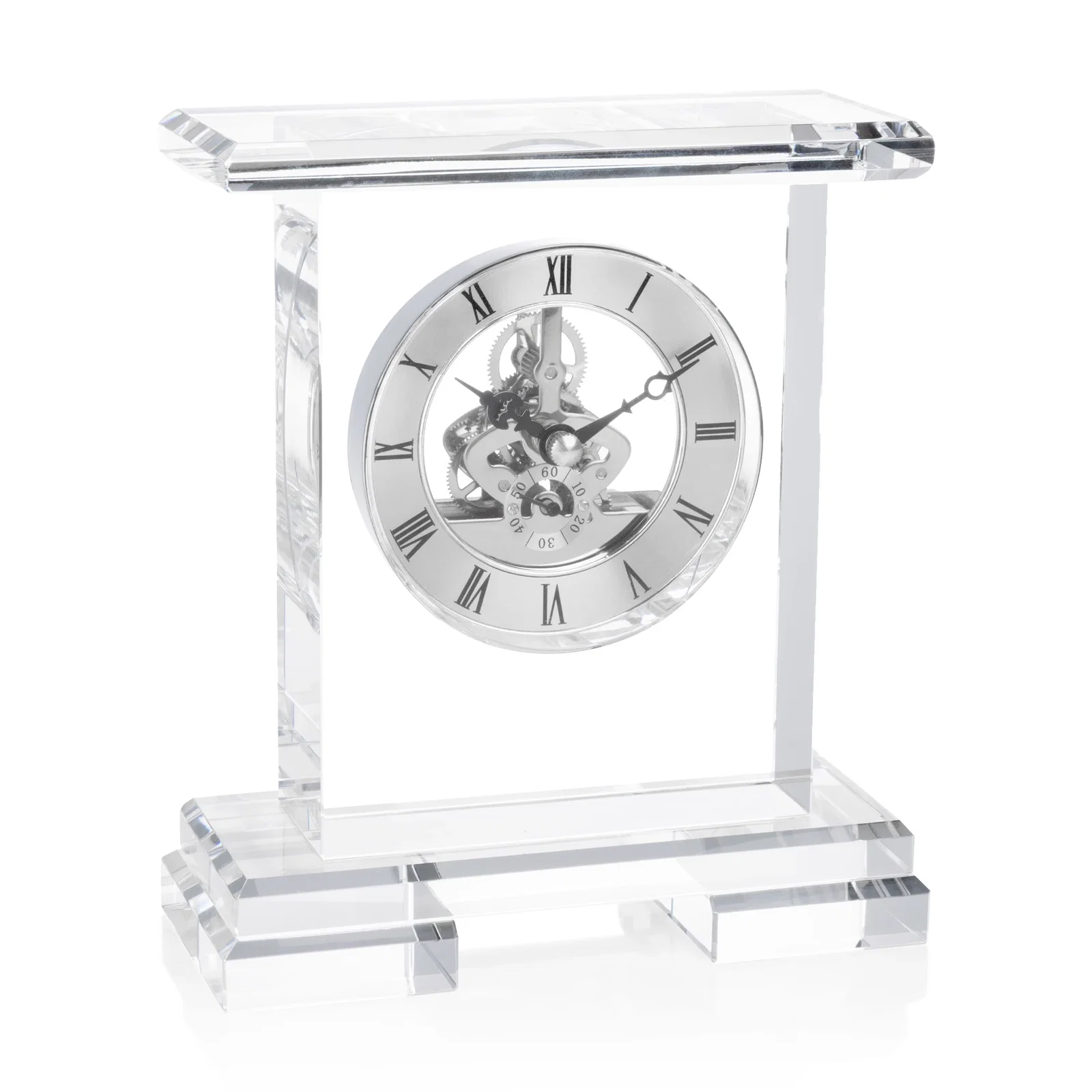 Custom Optical Crystal Pillar Clock With Skeleton on Polished Base for donor appreciation