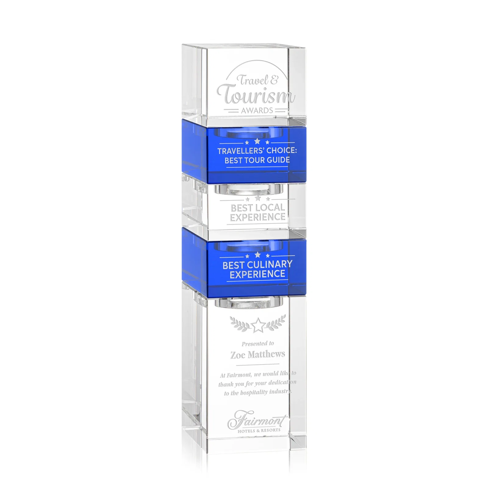 Custom Optical Crystal Stacking Tower Award - Tofino, awards for company anniversary events