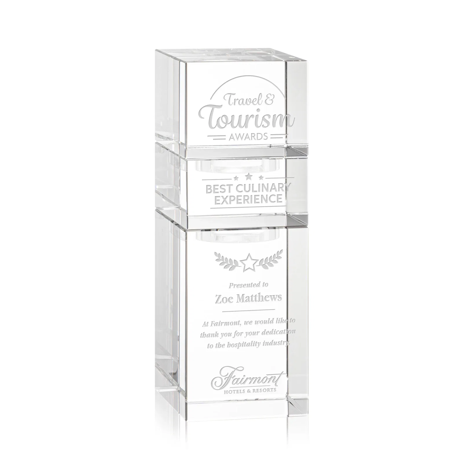 Custom Optical Crystal Stacking Tower Award - Tofino, awards for retirement presentations
