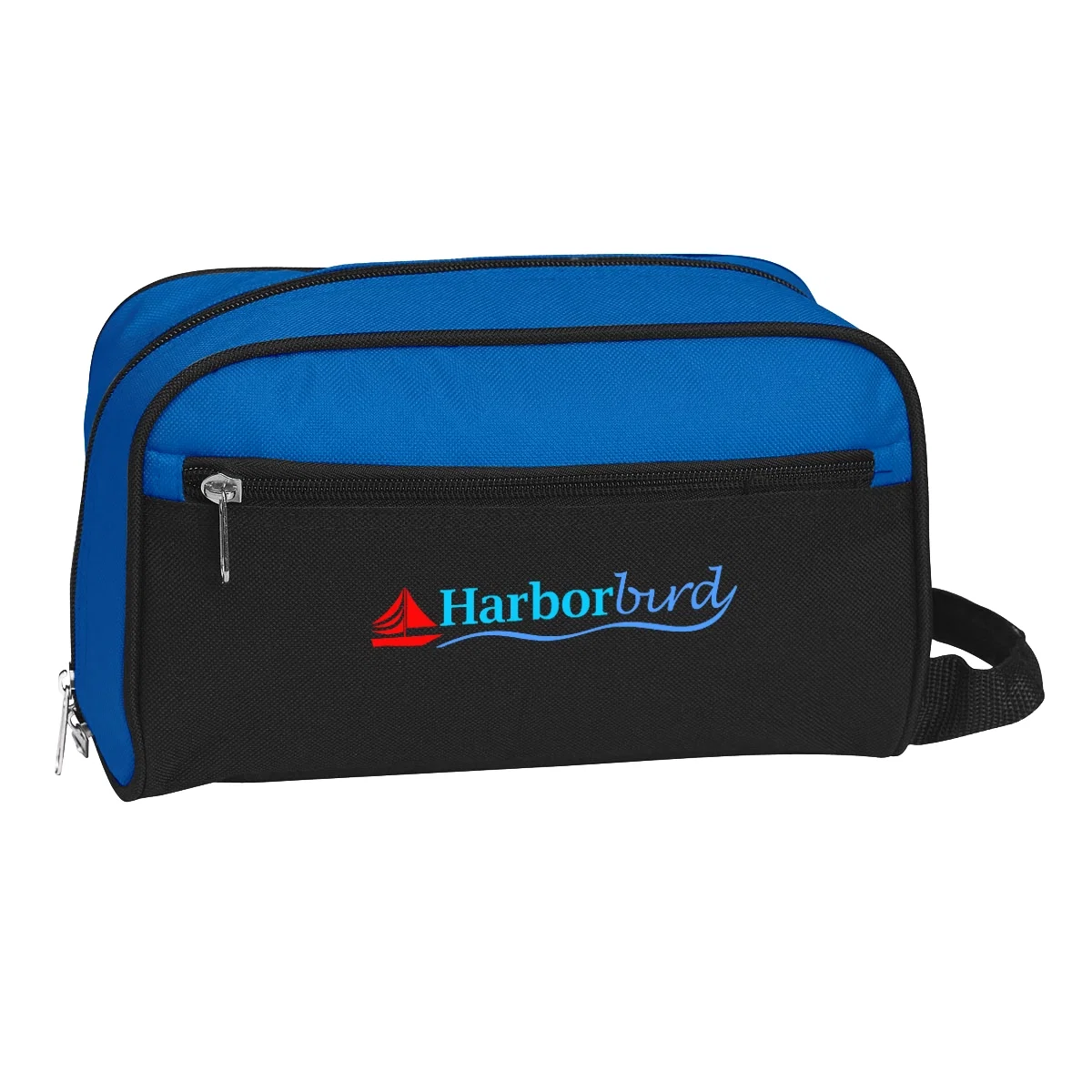 Royal blue toiletry bag with a zippered top compartment